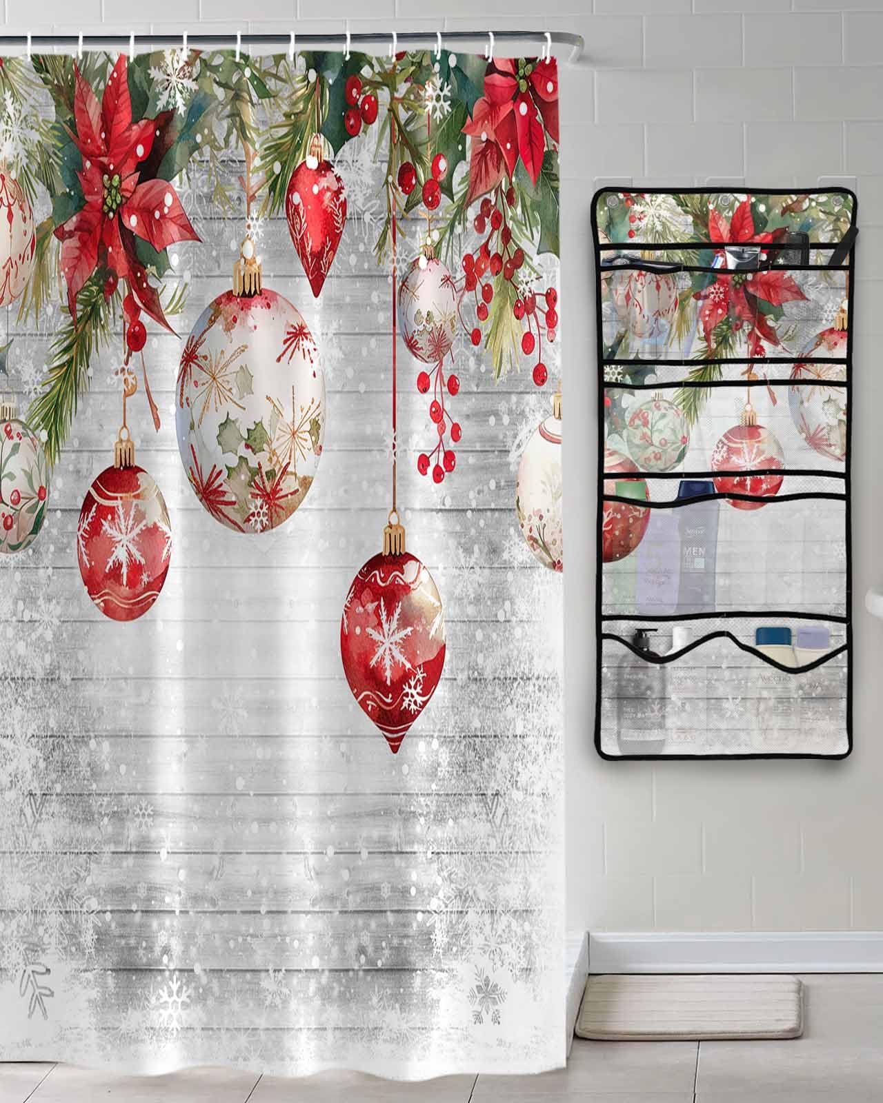 Decorative Shower Curtain Sets Christmas Snowflake Fabric Shower Curtains Poinsettia Winter Xmas Balls Wooden Grain Gray White Mesh