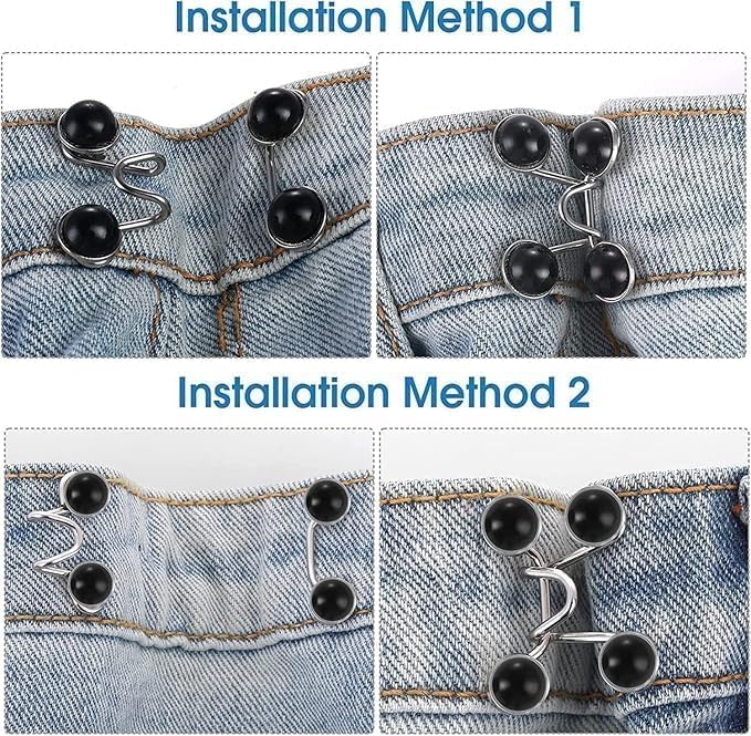 Image of YEKDA Denim Button Kit - 2 PCS Assorted Jeans Buttons for Quick Fix & DIY Adjustment - No-Sew Snap-On Metal Buttons for Pants, Skirts, Shorts - Easy Waist Size Control (Black & White Pearl)