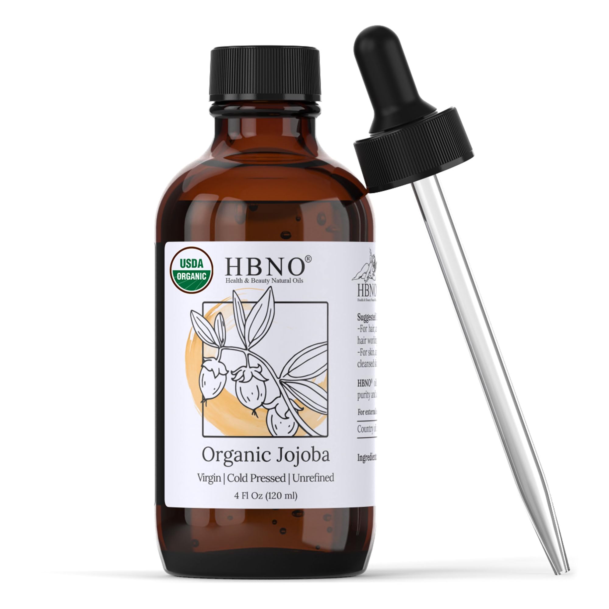 HBNO Organic Jojoba Oil - Huge 4 oz (120ml) Value Size - Natural Jojoba Oil, Cold Pressed - Perfect Carrier Oils for Massage, Aromatherapy, DIY, Soap Making, Face, Body, Lips, Hair, Nails
