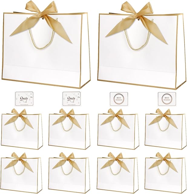 Aolieh Gift Bags 8Pcs-with Handles Paper Party Favor Bag,with Golden Elegant Bow Ribbon Thank You Cards for Birthday Wedding Graduation Celebration Present Wrap Bags 15.5x14.5x7cm (Phnom Penh White)