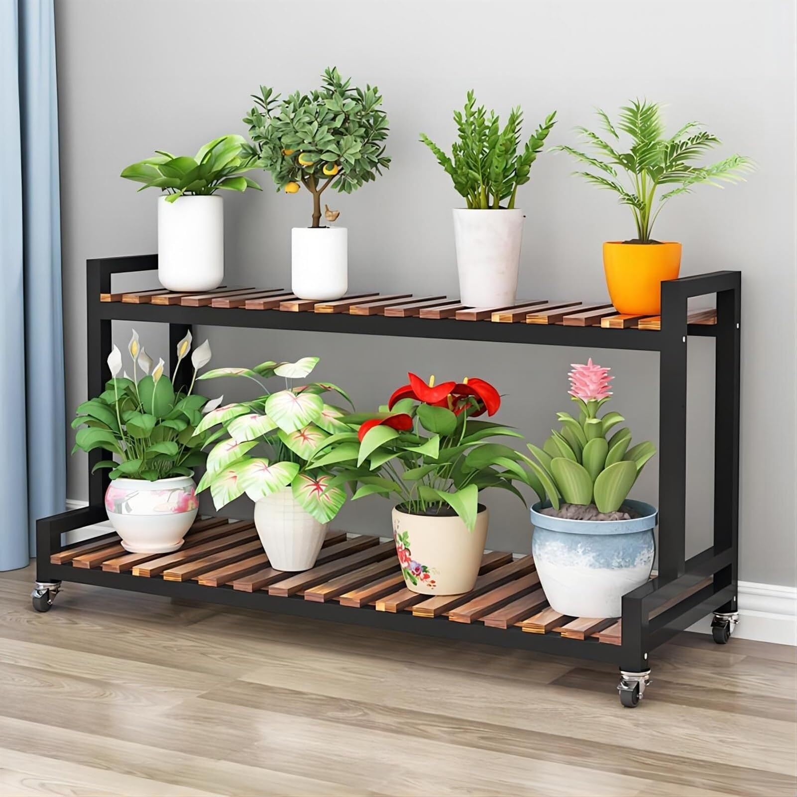 Pflanzenständer für drinnen und draußen, 2 Ebenen und 3 Ebenen, Pflanzenleiter-Regal, platzsparendes Blumenregal mit Rollen, Gartenregal für Töpfe und Pflanzgefäße