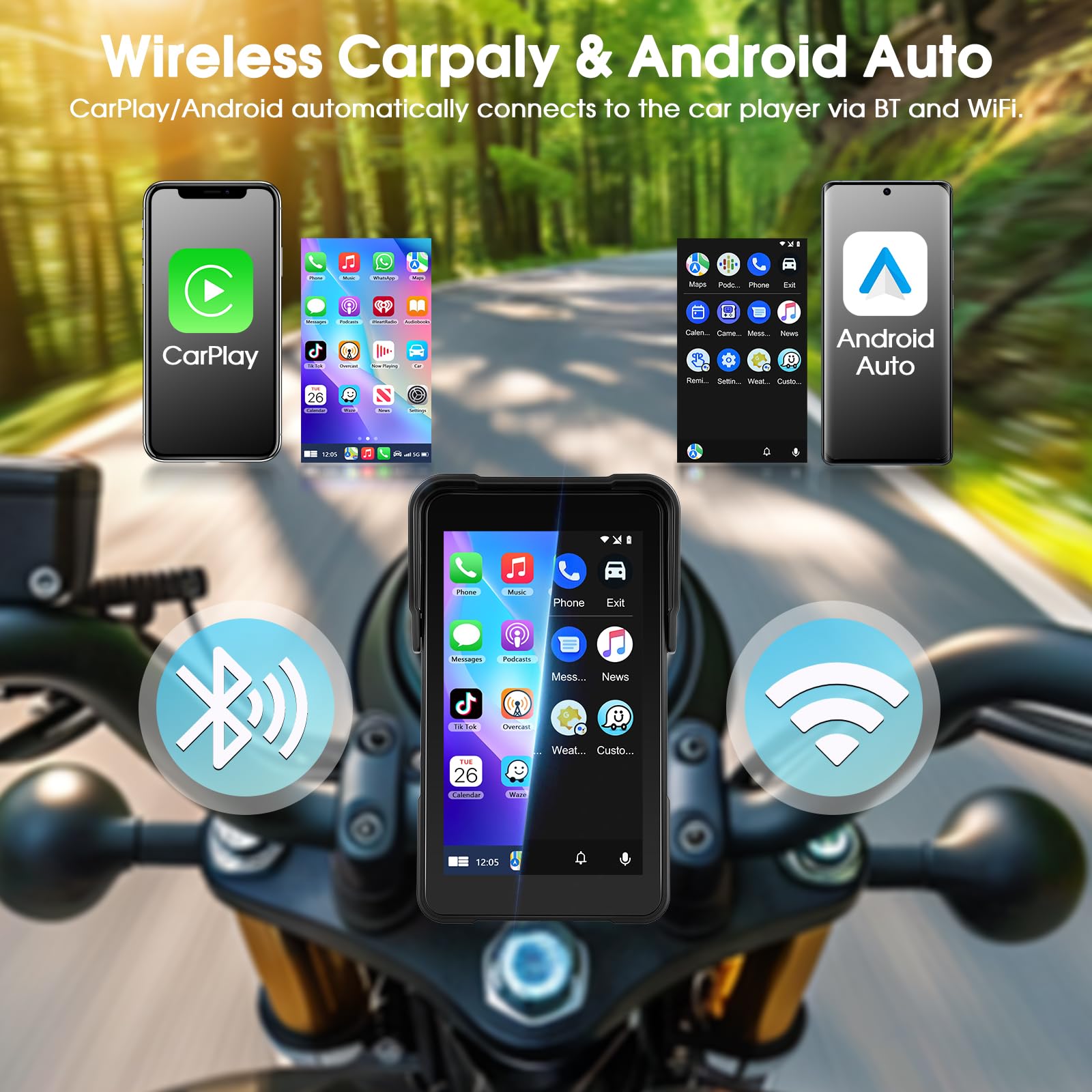 Navigatore per moto con Apple CarPlay e Android Auto Wireless, Autoradio Portatile Touchscreen HD 5 Pollici Bluetooth FM Impermeabile IP68