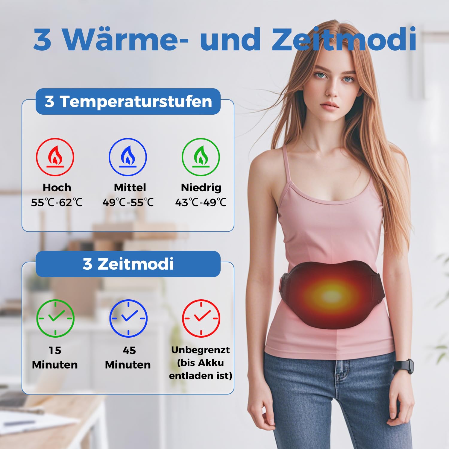 AROMA SEASON Wärmegürtel mit integrierten Akku | Unauffälligiger Begleiter To Go mit 4h Akku für Bauch/Rücken/Lenden | Heizgürtel | Elektrisches Heizkissen mit Abschaltautomatik