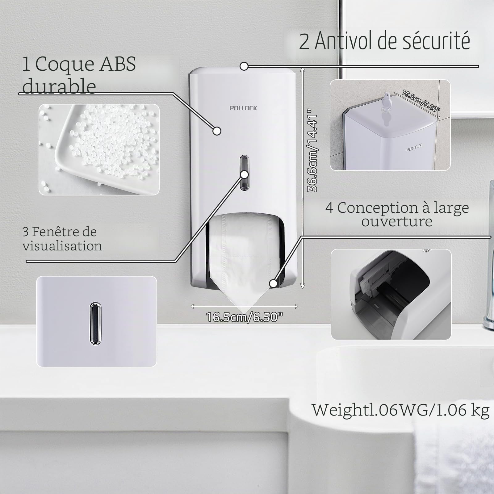 Pollock Distributeur Murale Double pour Papier Toilette, Distributeur de Papier Toilette 2 Rouleaux | avec verrou | sans perçage | Grande capacité | Mural Double Rouleau, pour Usage Commercial, Blanc