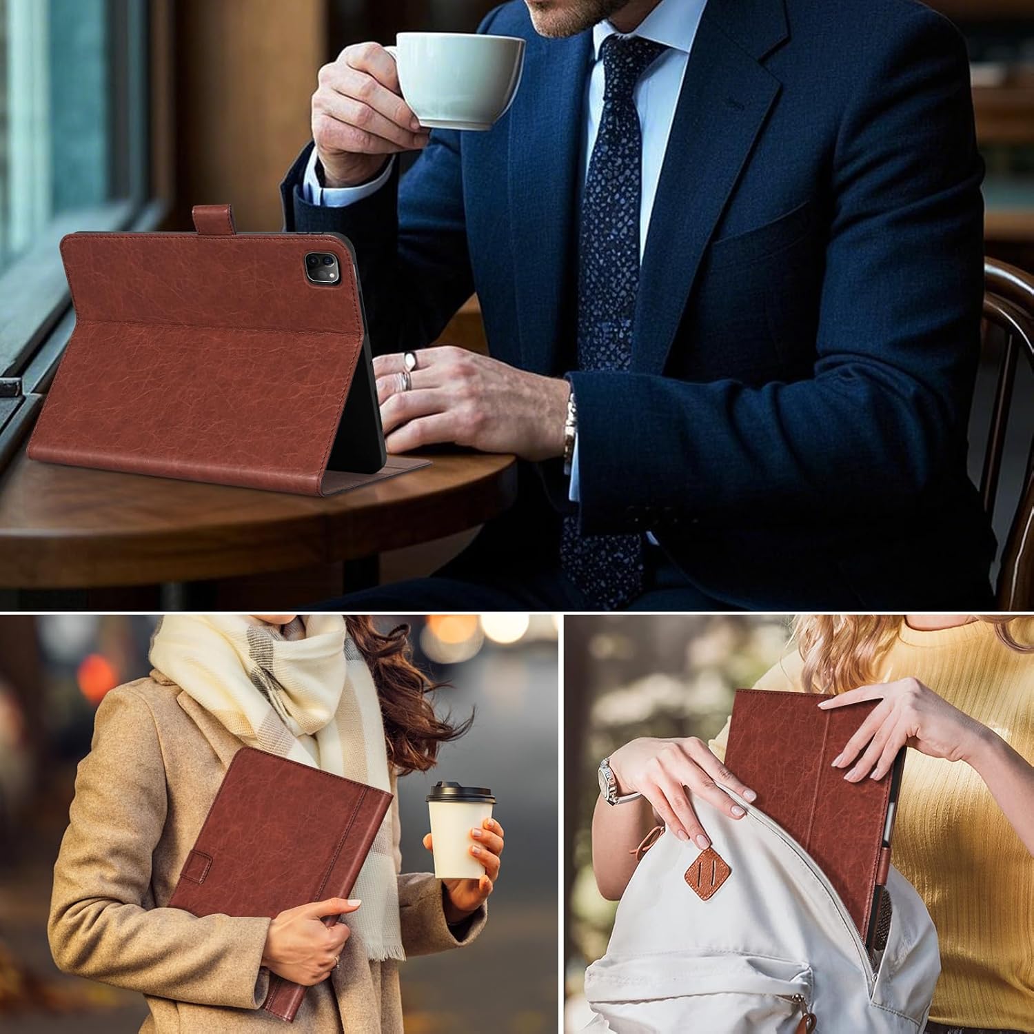 Genuine Leather Case for iPad Pro 12.9 Inch Folio Cover with Pencil Holder Auto Wake/Sleep & Adjustable Stand for 6th/5th/4th/3rd Generation (2022-2018) - Vintage Red Brown