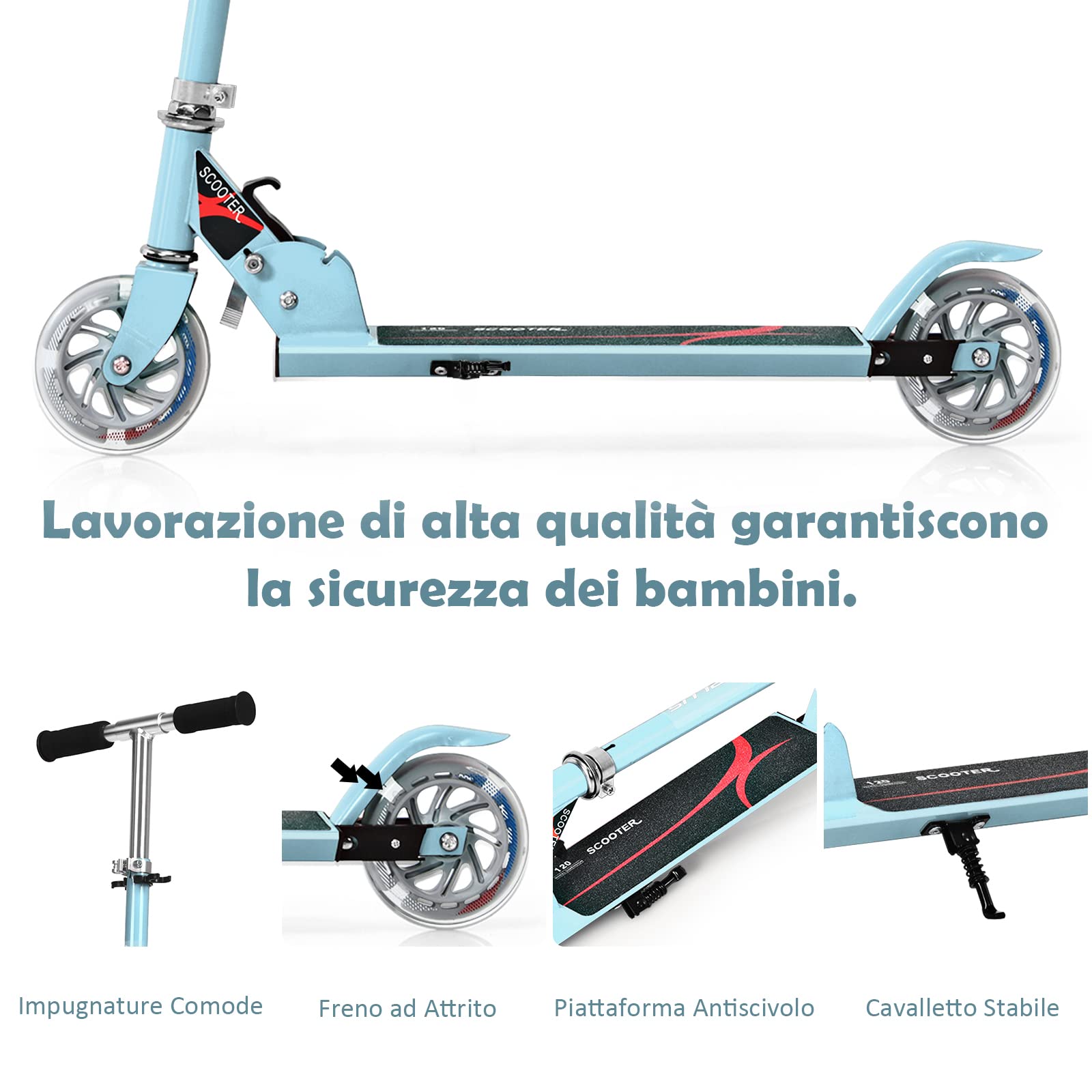 GYMAX Monopattino Bambino 4-13 Anni, Monopattino Pieghevole con 2 PU Ruote Luminose, Monopattino Bambina Regolabile a 3 Altezze 63-85 cm, Carico di 70 kg, Ideale Regalo