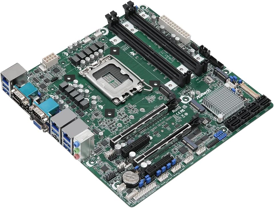 Angled view of ASRock IMB-X1314 Micro ATX Motherboard