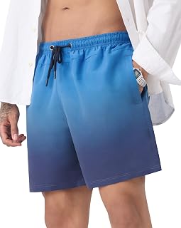 Swim Shorts: Mosaic Men and Boys Drawstring Waist Blue Ombre Gradient Print Polyester Regular Fit Quick-Drying Zippered Lightweight Everyday All-Season Swim Shorts