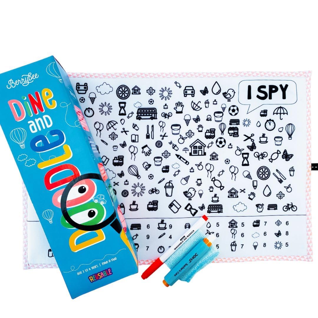 Berrybee Dine & Doodle Mat | Reversible & Reusable 2-in-1 Activity Mat with Erasable Marker & Chalk | Fun Travel Toy & Gift for Kids Ages 3–6