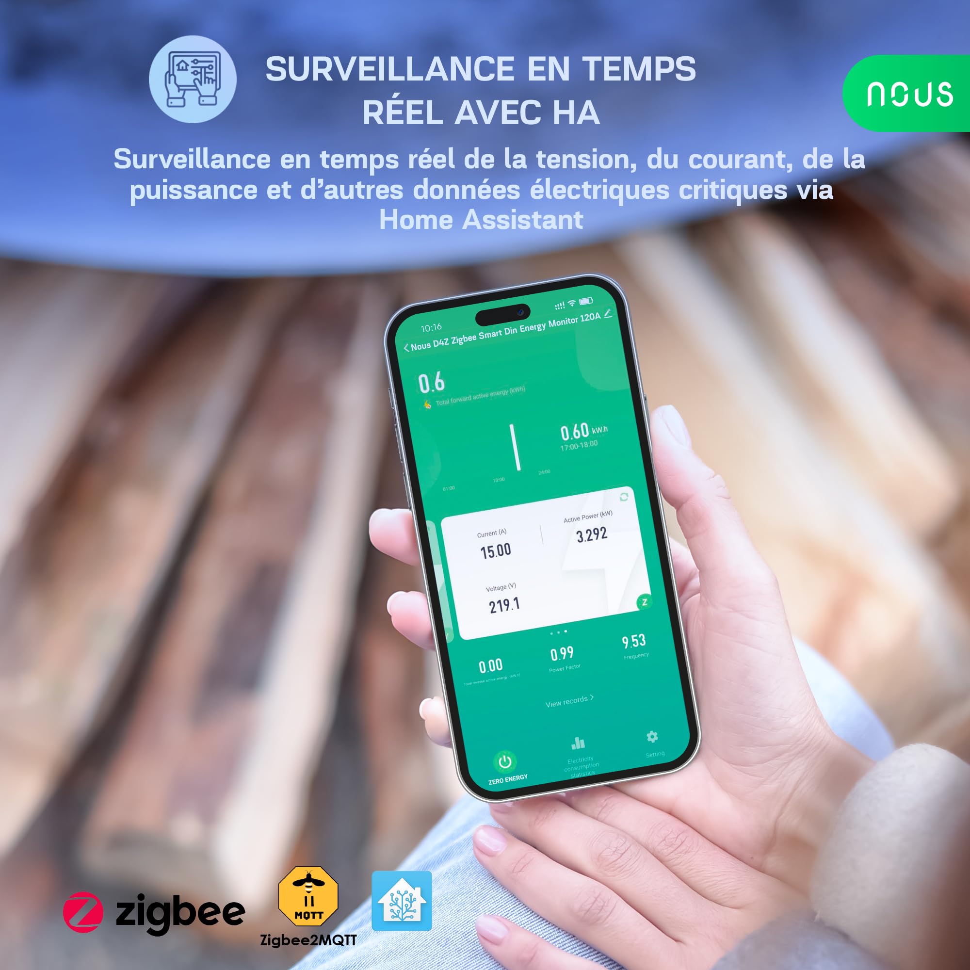 NOUS Zigbee Compteur d'Énergie Smart DIN 120A, Surveillance de la Consommation Électrique en Temps Réel, Compatible avec Alexa et Google Home, Installation sur Rail DIN