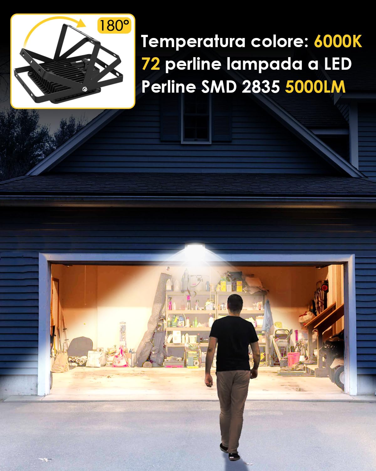 Maxesla Faro LED Esterno con Sensore Movimento 50W, 5000LM Faretto LED Esterno con Sensore,Impermeabile IP66 Faretti LED Esterno con Sensore di Movimento,6000K Luce con Sensore di Movimento da Esterno