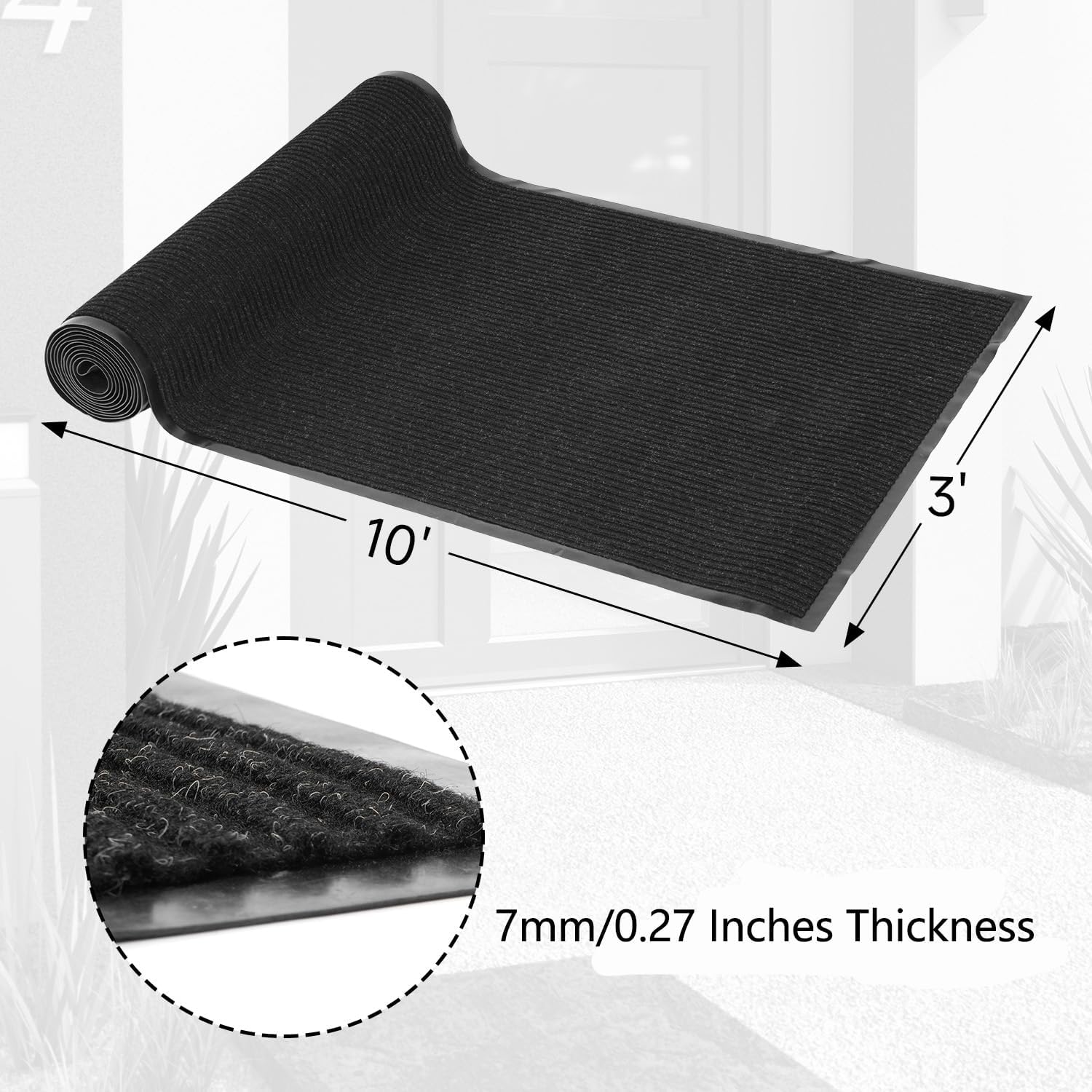 uyoyous Commercial Grade Door Floor Mat 3' x 10' Brush Step Entrance Mat Heavy Duty Indoor Outdoor Doormat Non Slip Hallway Runner Rug Low Profile Rubber Floor Mat Carpet Runner, Black
