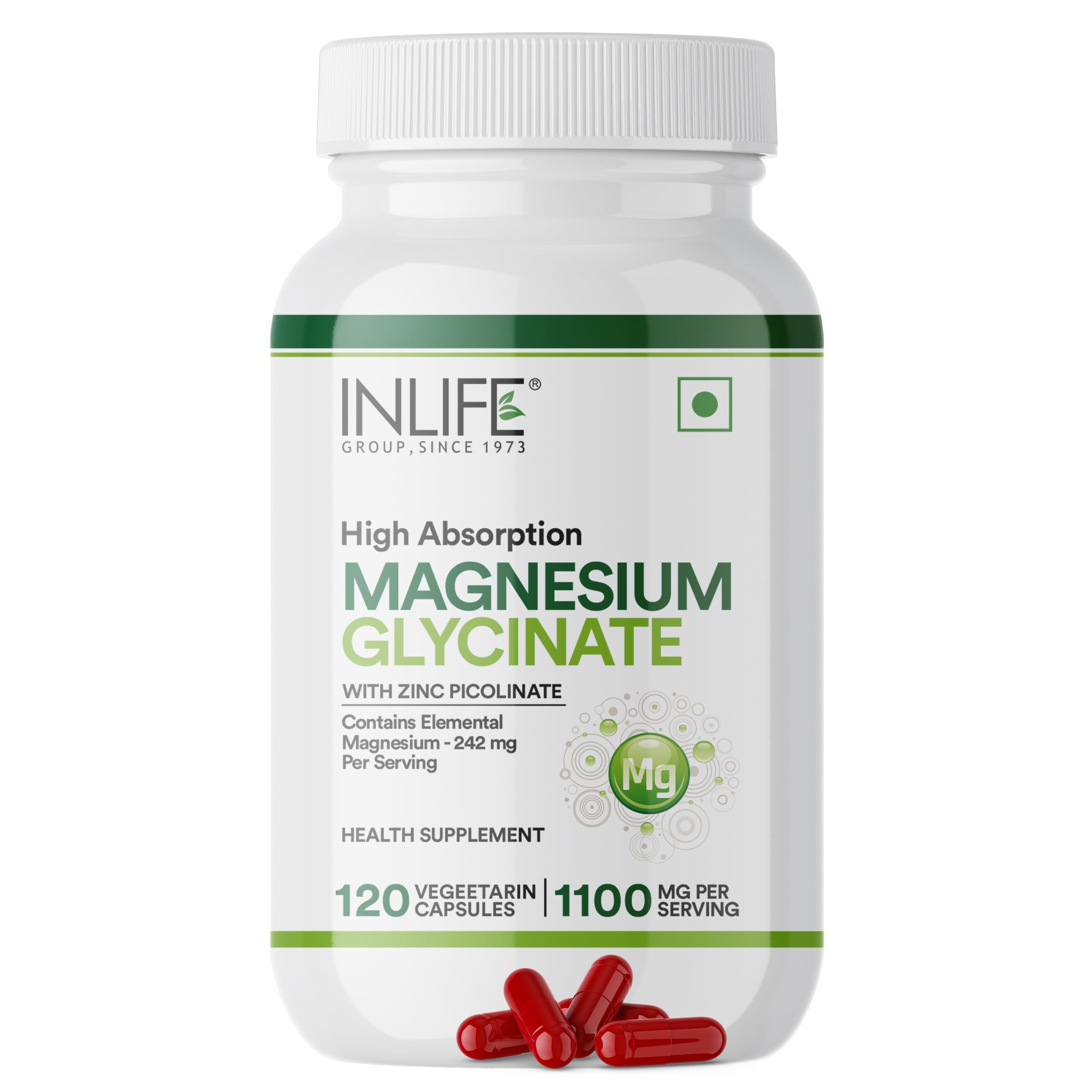 INLIFE Magnesium Glycinate Supplement 1100mg with Zinc Picolinate 52.6mg Per Serving | Chelated Bisglycinate Form for Higher Absorption | For Men Women - 120 Vegetarian Capsules (Pack of 1, 120, count)