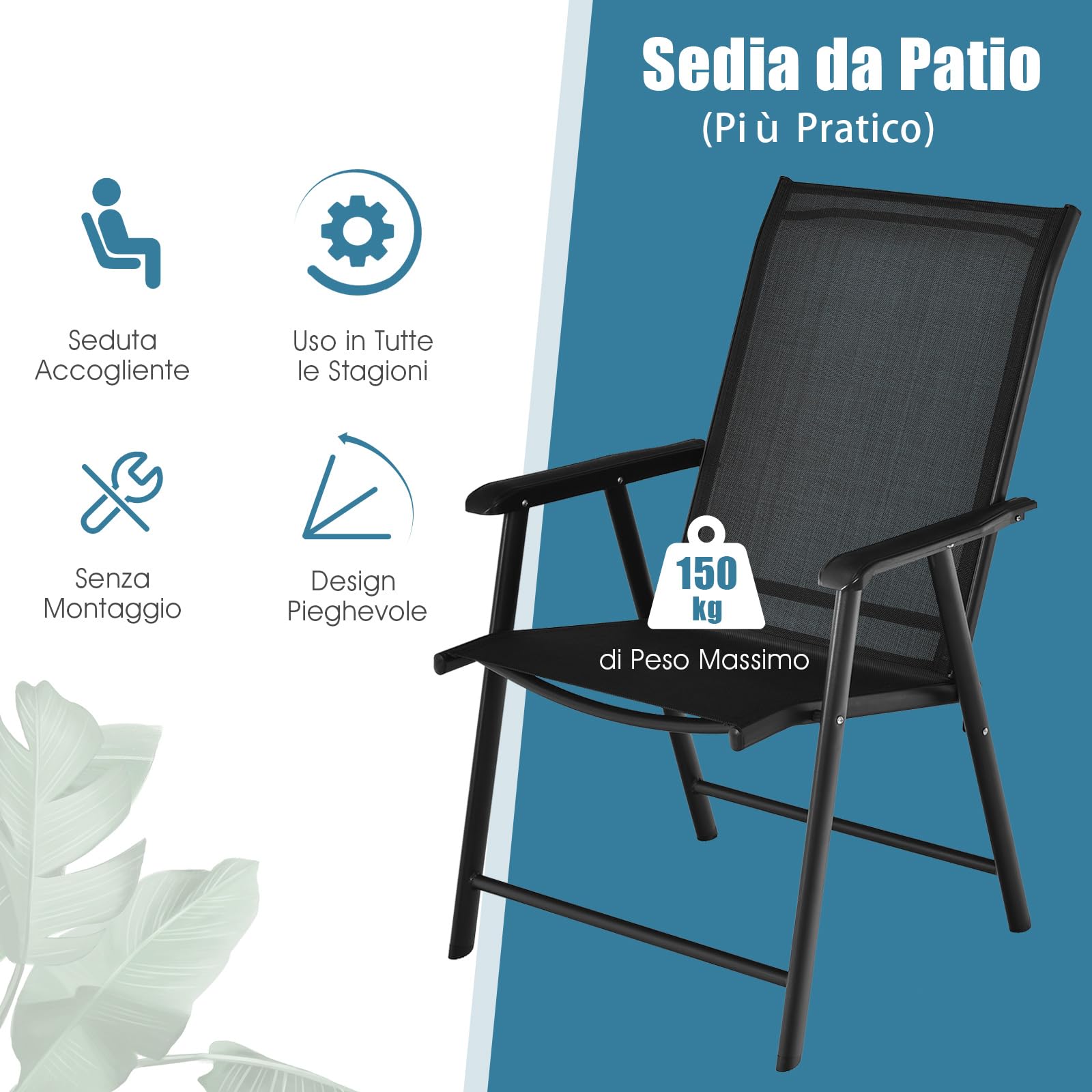 COSTWAY Set di 2 Sedie Giardino Pieghevoli, Poltrona da Esterno con Struttura in Metallo, con Braccioli, Ideale per Campeggio Spiaggia, Portata 100 kg, 68 x 59 x 93 cm (Nero)