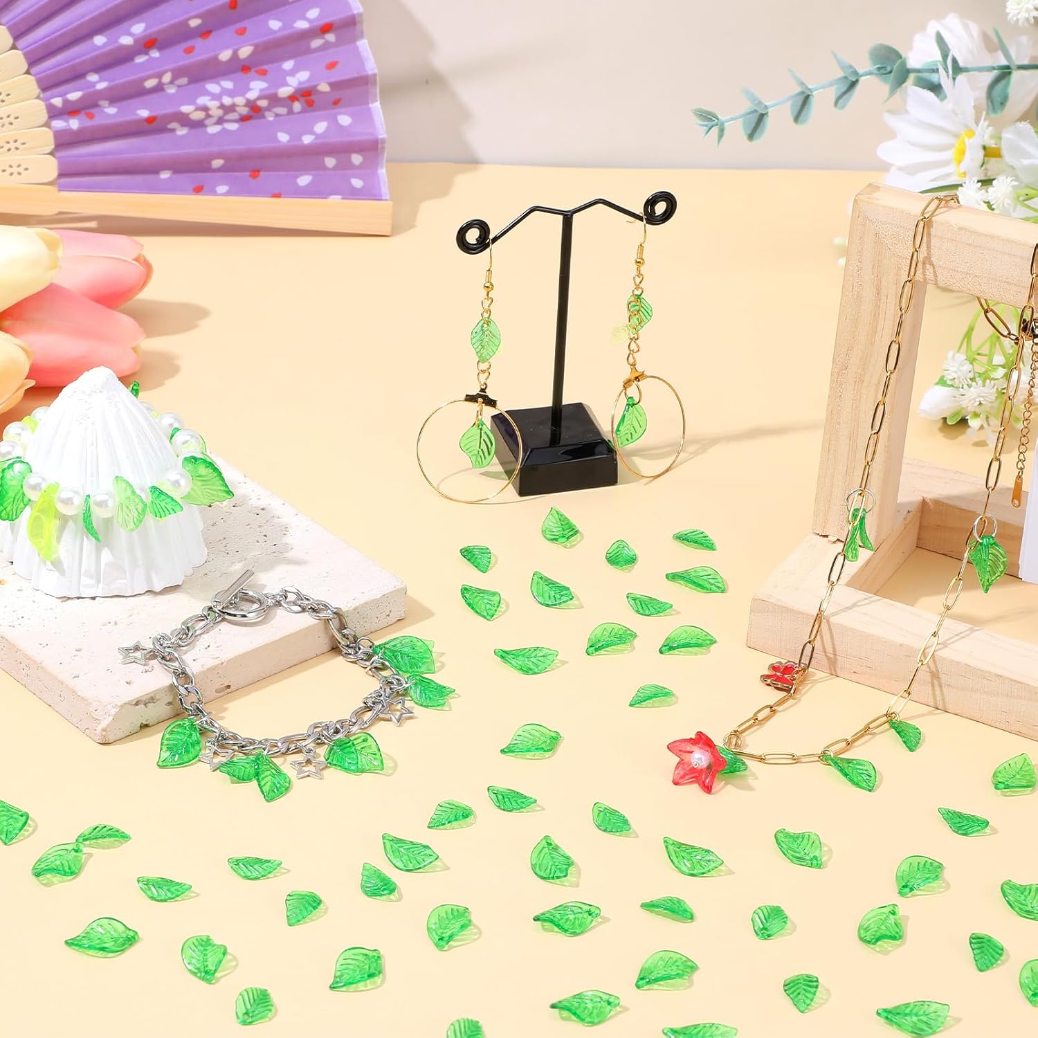 400PCS 2 Size Green Leaf Beads for Jewelry Making, Transparent Acrylic Green Leaf Charms Leaves Pendants for Jewelry Making DIY Necklace Earring Bracelet Crafts - Image 3