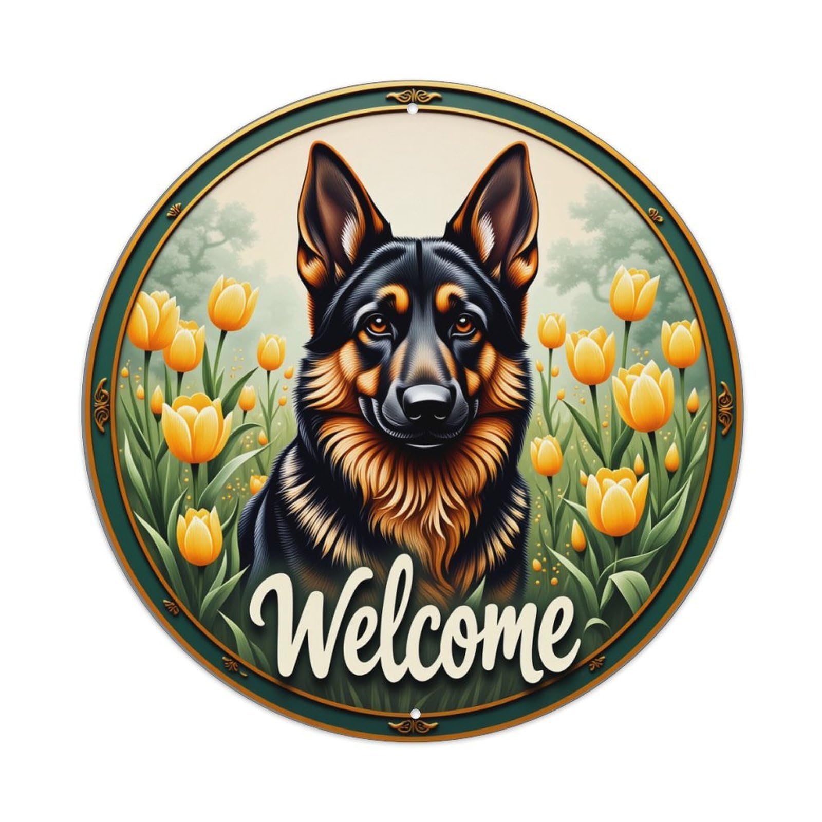German Shepherd Tulip Garden Welcome Round Tin Sign Vintage Style Metal Sign Home Bar Garden Wall Plaque Decor Metal Poster 8x8 Inch