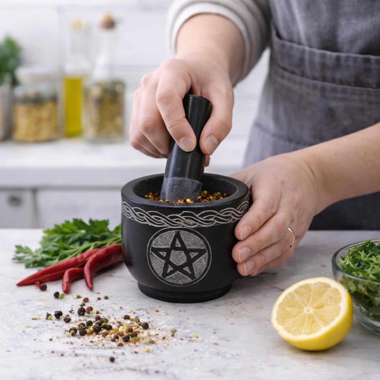 Juego de mortero y maja único – Maja y mortero tazón molino de piedra sólida para hierbas especias, guacamole ajo y jengibre raíz