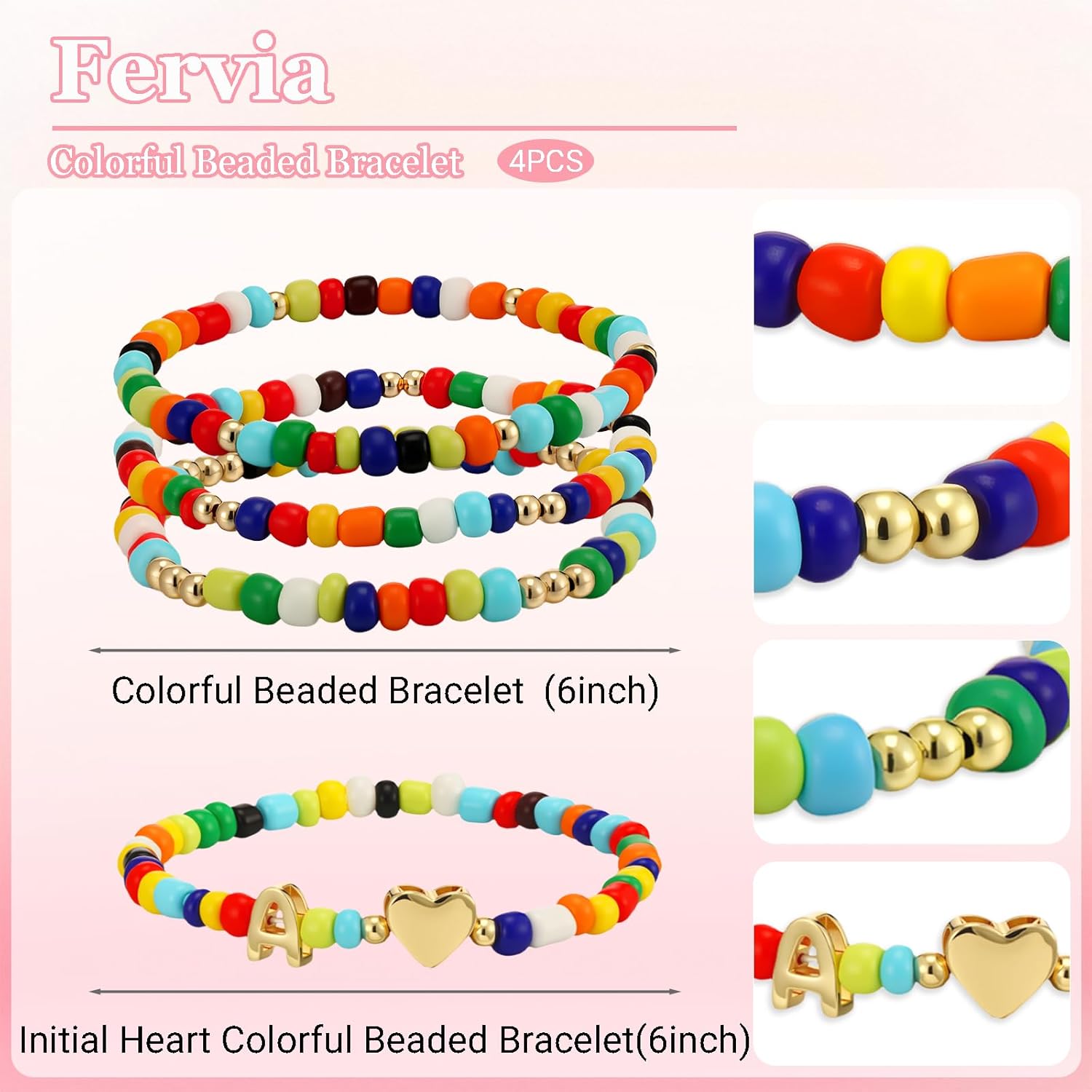 4PCS Initial Colorful Beaded Bracelets Initial Bracelets for Teen Girls Initial Colorful Beaded Bracelets Set Summer Boho Y2K Bohemian Stackable Letter A-Z Stretch Bracelets Birthday Jewelry Gifts(D) - Image 6