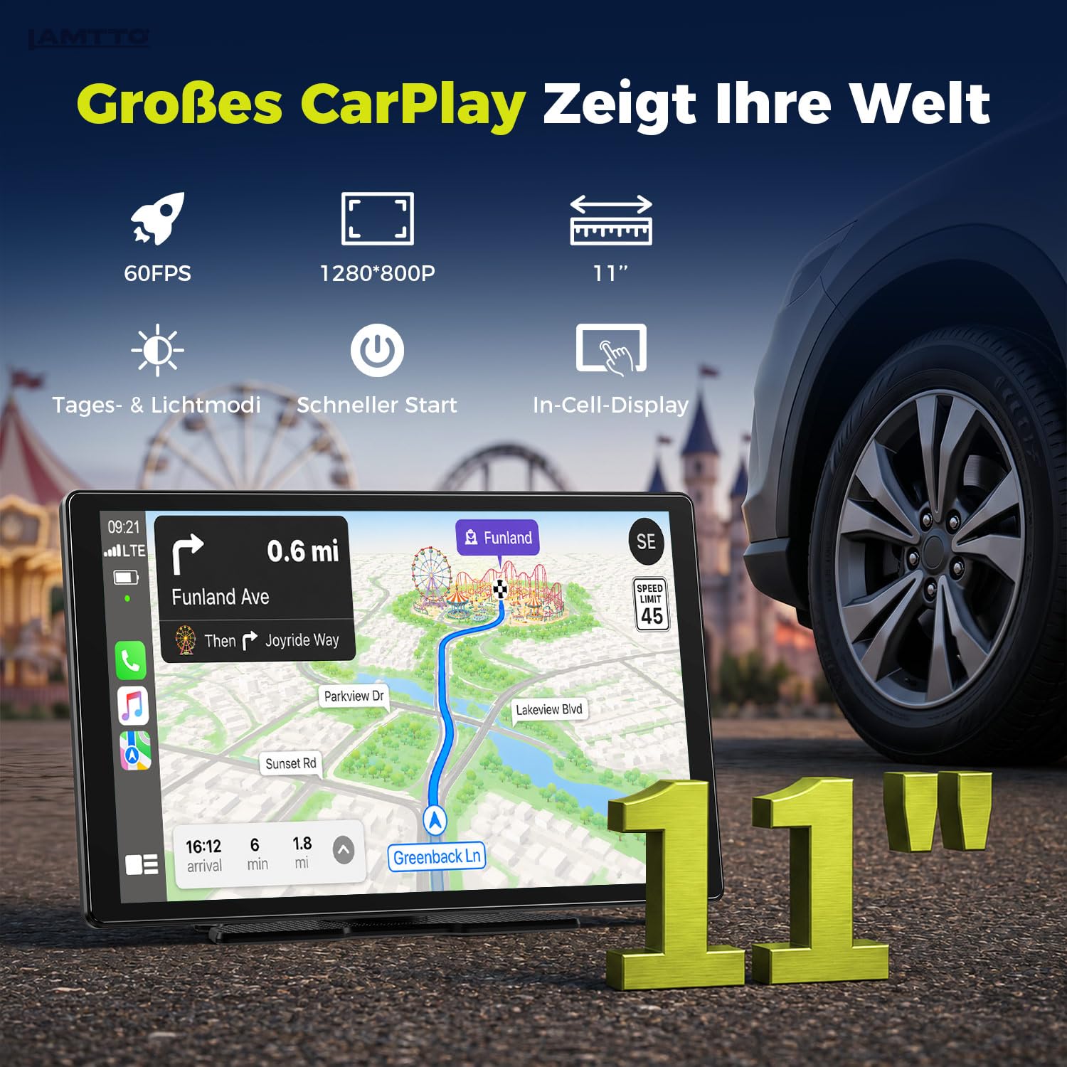 LAMTTO 2026 Upgrade 11 Zoll Wireless Carplay Display mit Apple CarPlay und Android Auto, Tragbares Car Play Touchscreen mit GPS Navigation, Bluetooth, AirPlay,AUX,Anschluss für alle Fahrzeuge