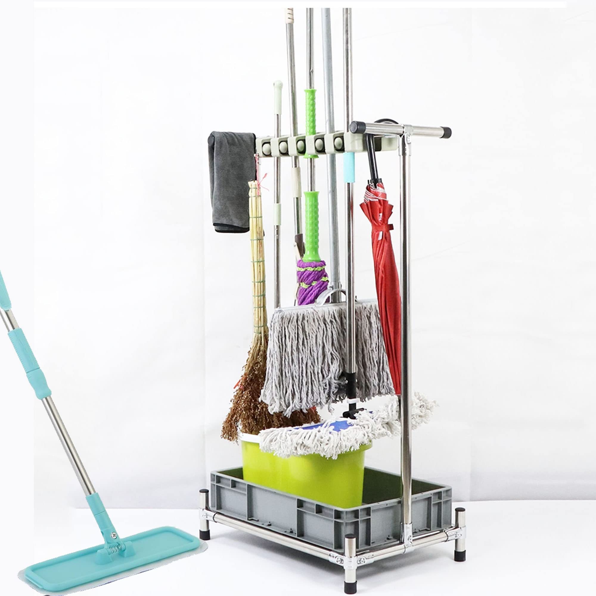 HYLYGFH Movable Mop Broom Holder - Stainless Steel Floor Standing Rack for Cleaning Supplies, Umbrella Stand & Garden Tool Storage - Essential nizer for House, Bathroom & Garage