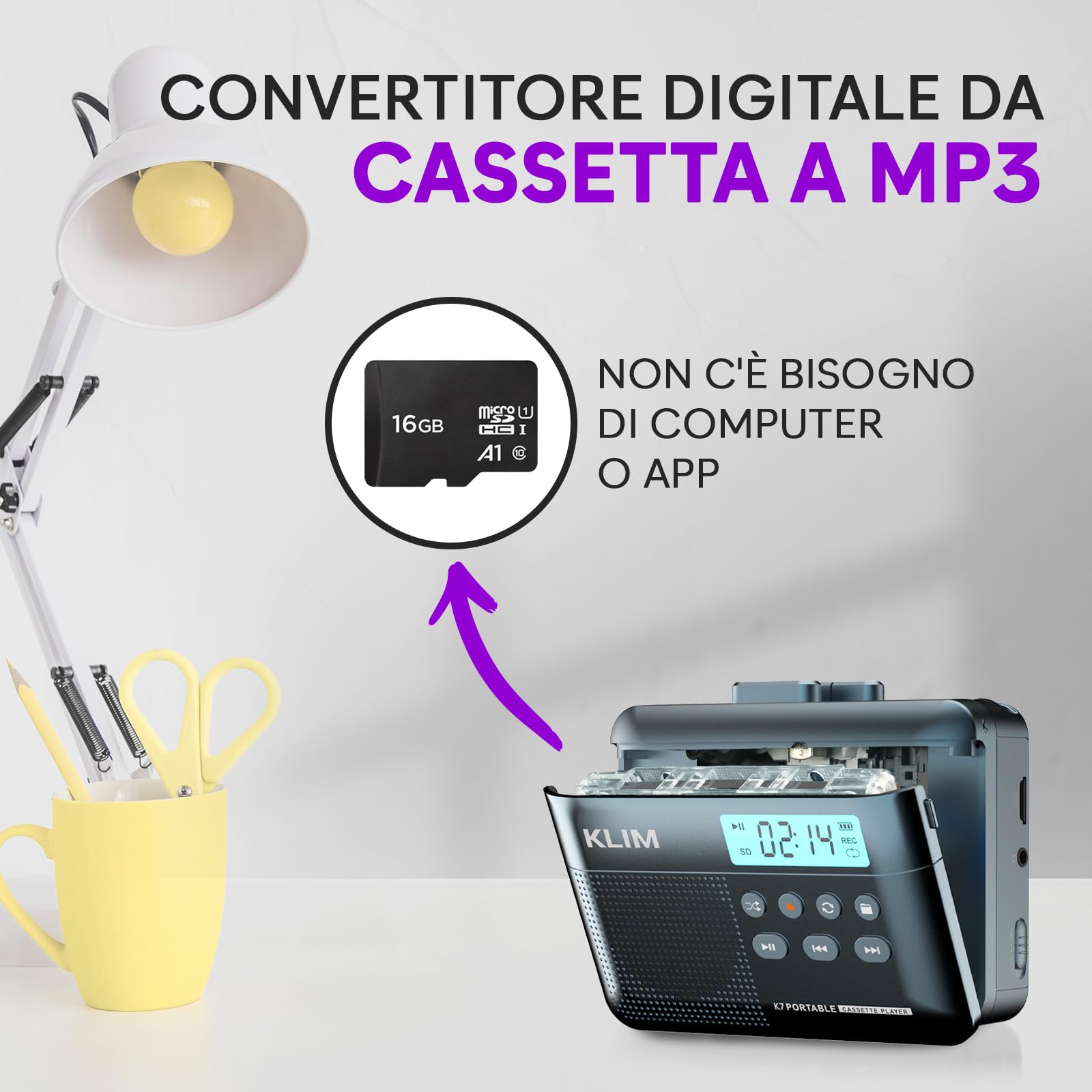 K7 Cassette Player - Convertitore Cassette MP3 - Lettore Cassette Audio Portatile - Microfono e Altoparlante Incorporati - Batteria Ricaricabile - Auricolari - Scheda SD da 16 GB - Blu