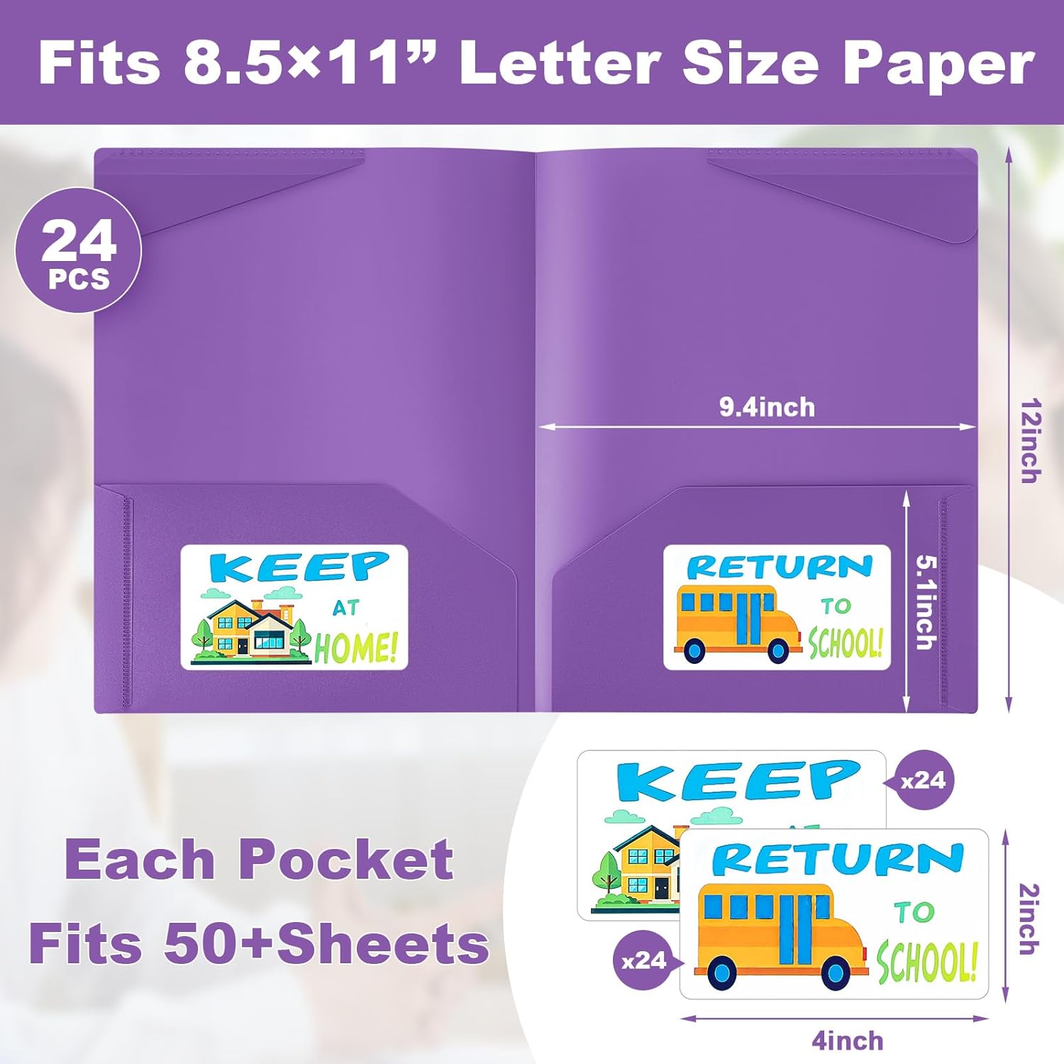 Henoyso 24 Pack Take Home Folders with 2 Pockets and Tabs, Plastic Classroom Communication Homework Folder School-to-Home with Clear Front Pocket for Students Parent Teacher Connector (Purple)