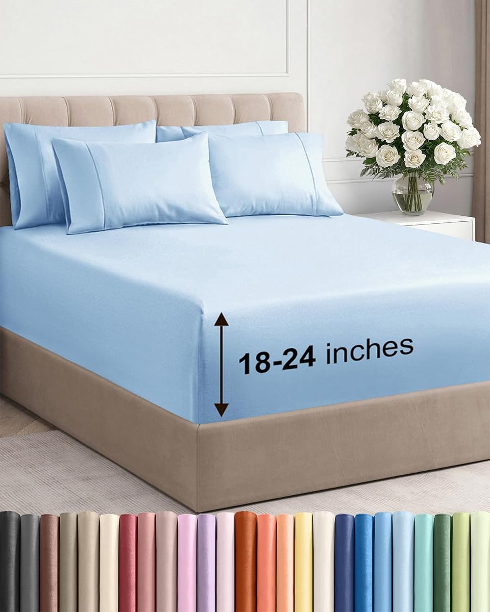 Extra Deep Queen Sheet Set - 6 Piece Breathable Cooling Sheets - Light Blue | Hotel Luxury Bed Sheets Set, Easy & Secure Fit, Ultra-Soft, Wrinkle & Fade Free, Comfy Sheets Set with Extra Deep Pockets