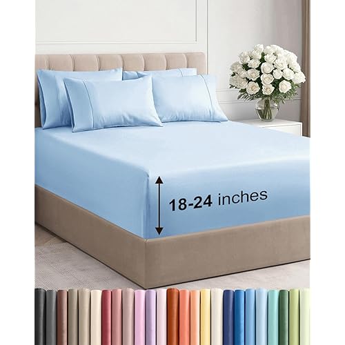 Extra Deep Queen Sheet Set - 6 Piece Breathable and Cooling Sheets - Hotel Luxury Bedding for Women, Men, Kids & Teens - Easy Secure Fit - Soft, Wrinkle Free & Comfy - Extra Deep Pockets - Light Blue
