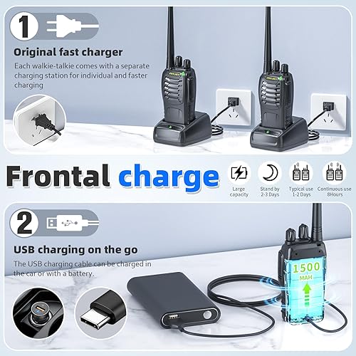 Miniatura 5 de Walkie Talkies (paquete de 4), incluye auriculares originales, cable tipo C, base de carga USB, cuenta con emparejamiento de un solo clic, reducción