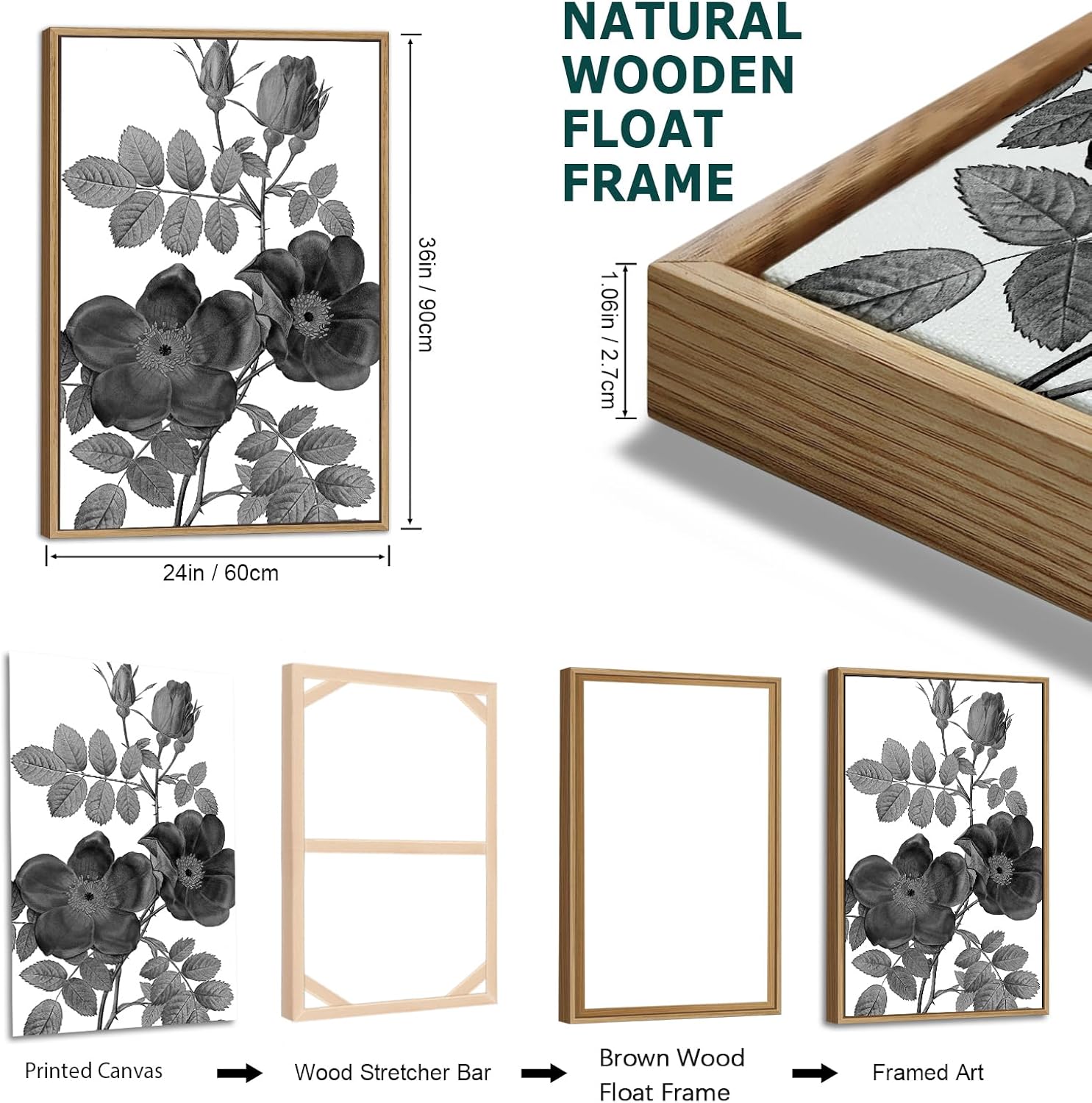 Large Framed Canvas Wall Art - Natural Float Framed Black Gray Flowers Pictures Decor Simple Blossom Leaves Botanical Artwork for Living Room Bedroom Kitchen Home Office Decoration 72" X 36" Set of 3