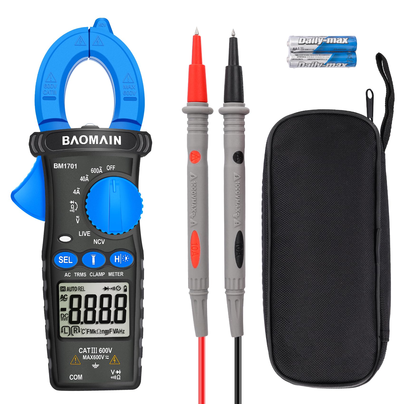 BAOMAIN BM1701 Digital Clamp Meter, 4000 Counts AC Current Multimeter with AC/DC Voltage, NCV & Live Wire Test, Diode