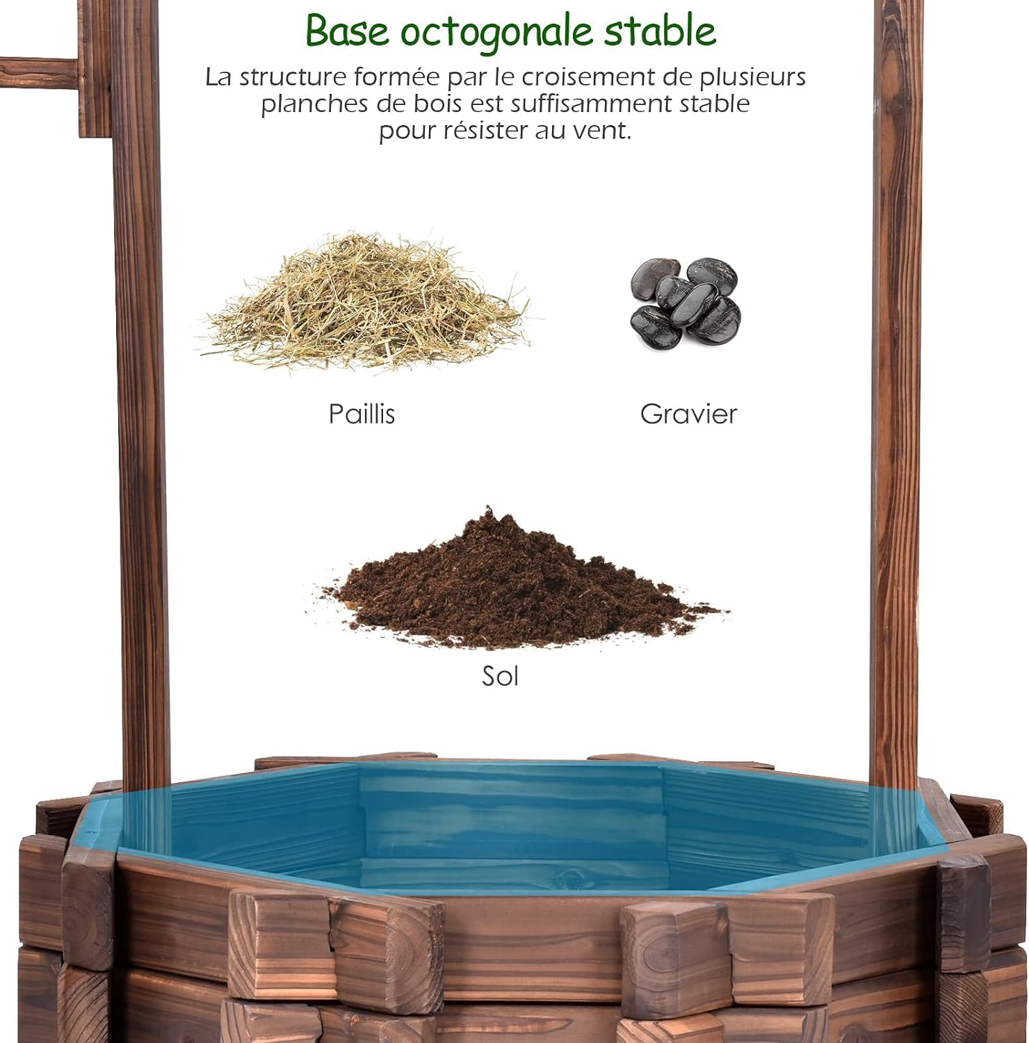 GOPLUS Pozo de Madera Decorativo, Jardinera de Exterior con Techo Clásico, Fuente Decorativa con Cubo Colgante y Amplio Lecho de Plantación