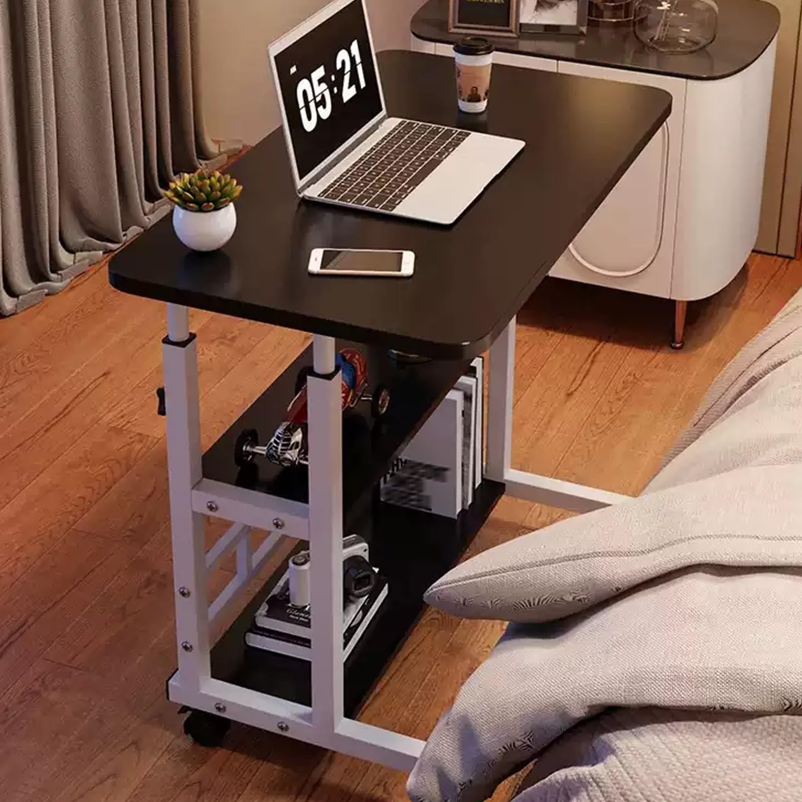 MYUYEE Standing Desk, Manual Height Adjustable Stand Up Desk, Computer Desk With Three Levels Of Storage, With Removable Wheels, For Home Office,Black,31.4In/80Cm (Black-23.6In)