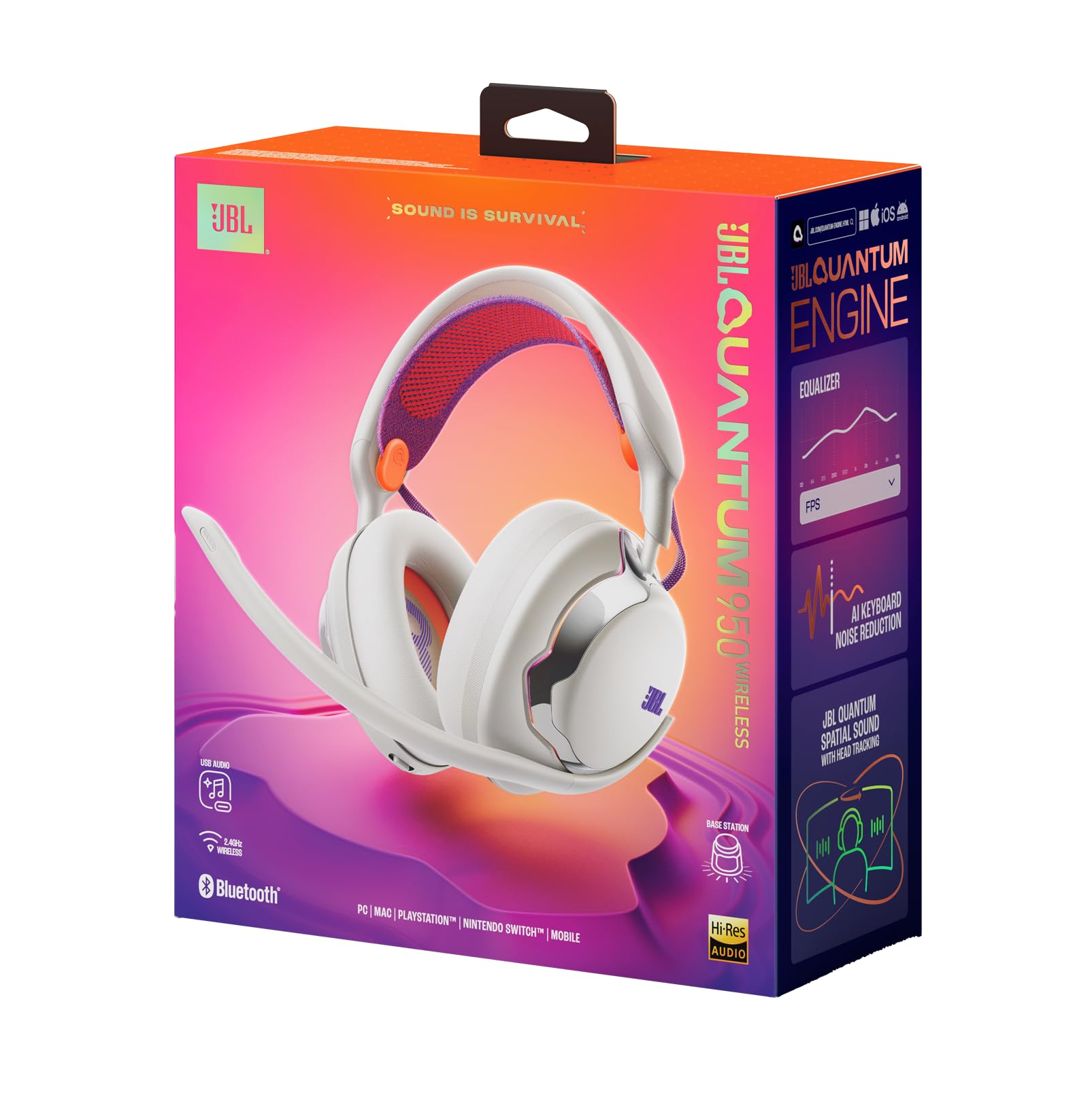 JBL Quantum 950, Auriculares Inalámbricos Multiplataforma Bluetooth, Blanco | Para Gaming, JBL Quantum Spatial Sound, Seguimiento de Cabeza, Micrófono con Cancelación de Ruido, USB-C, 50h de Autonomía