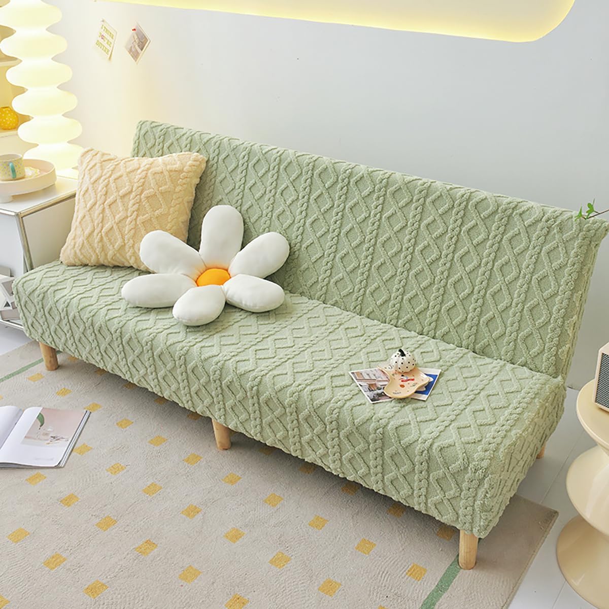 Thick Armless Folding Futon Sofa Slipcover,One Piece Spandex Camper Couch Bed Covers, Solid Color Decorative Knit Dust Proof Furniture Protector Green 120-145cm