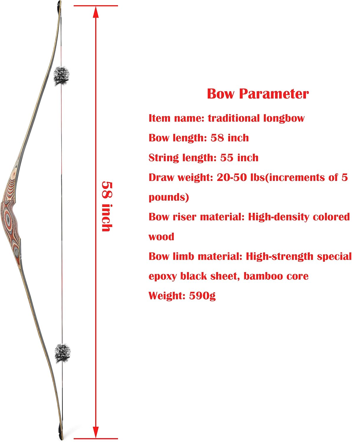 58" Traditional Longbow 20-50 Lbs One Piece Wood Long Bow Right/Left Hand Recurve Bow for Beginner Women Teens