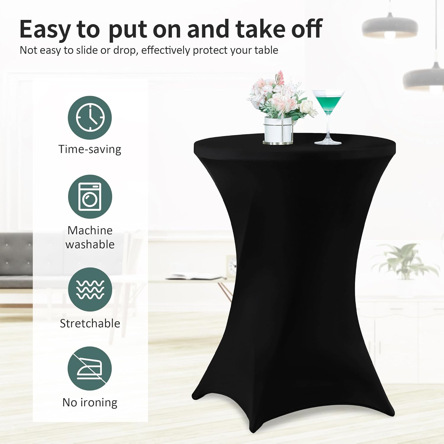 Wolkemer 4 Pack 30x43 Inch Spandex Cocktail Cover Black Stretch Table Cloths Fitted Tablecloth High Top Square Coners Table Covers for Wedding Birthday Party Bar Banquet Round Tables