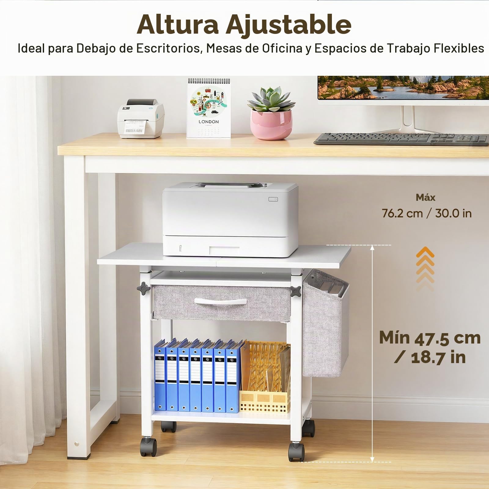 Mesa de impresión con ruedas Soporte de impresora de 3 niveles, mesa de impresora con cajón y bolsillo lateral, carrito grande con ruedas con estante ajustable para oficina y hogar (1)