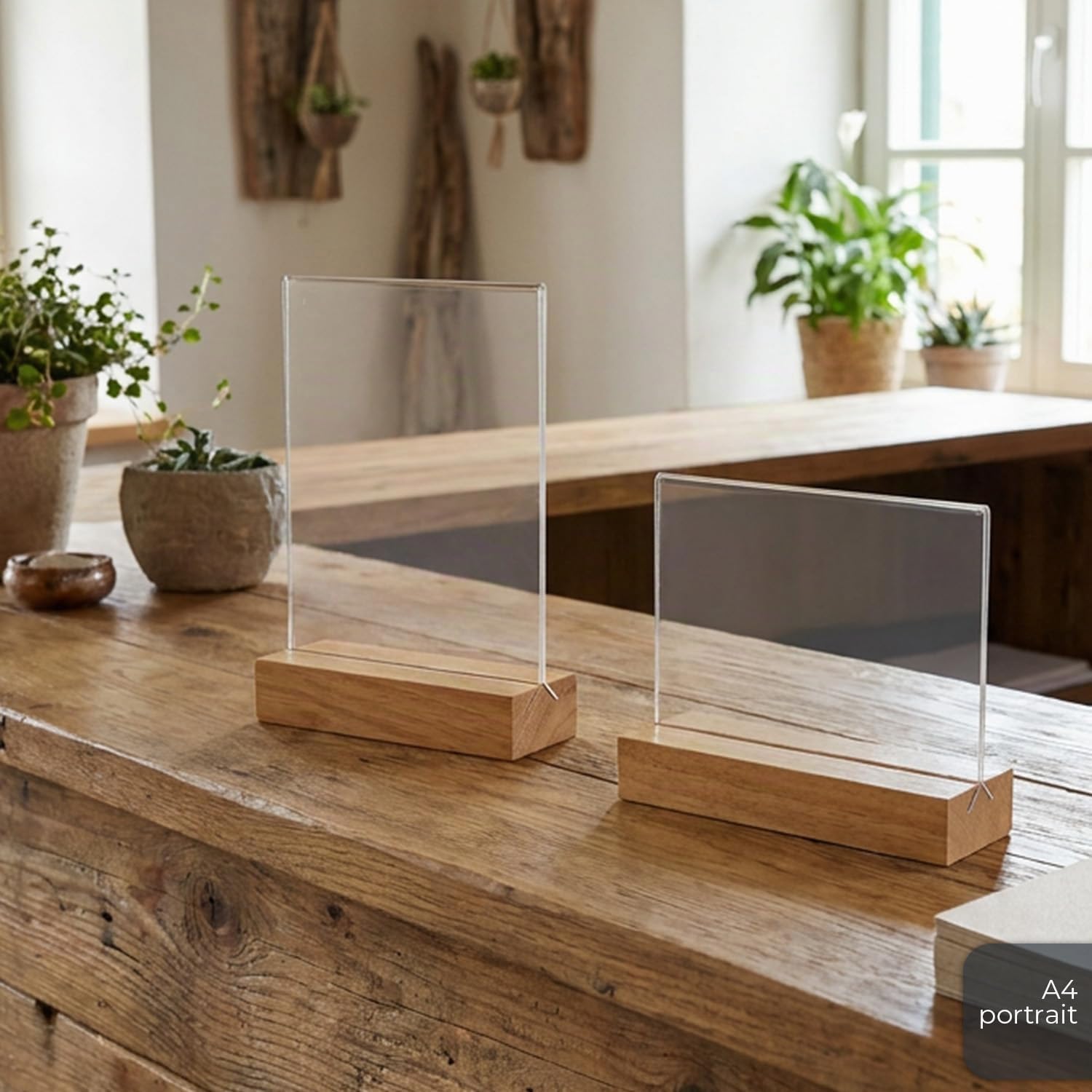 HMF 46944 Présentoir de table en acrylique avec pied en bois | Porte-affiche DIN A4 format portrait | Présentoir de buffet apéritif transparent | 20 pièces