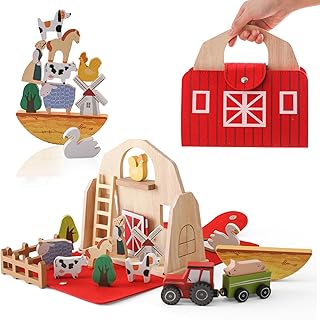 Farm Animals for Toddlers, Little People Toys Toddler Toys Farm Animals Red Barn Toys Farm Animal Toys Wooden Barn Farm Pretend Playset, Montessori Toys Portable Set Christmas Birthday Gift for Toddle