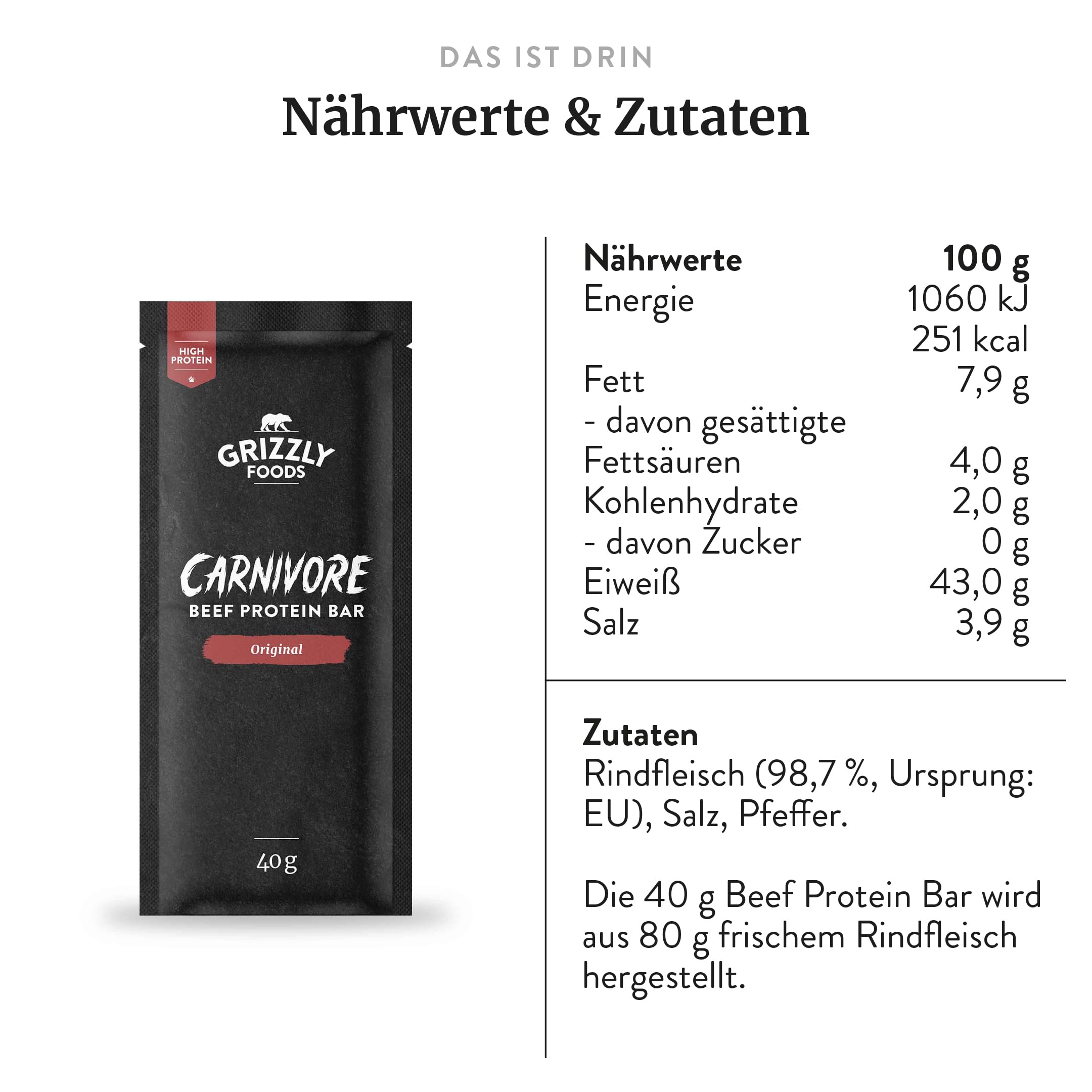 Grizzly Foods • Carnivore Beef Bars (5 x 40g) • 100% Rindfleisch • Hoher Eiweißgehalt • Ohne Zucker & Zusätze • Low Carb Snack • Fleischriegel für Sport, Fitness, Muskelaufbau & unterwegs