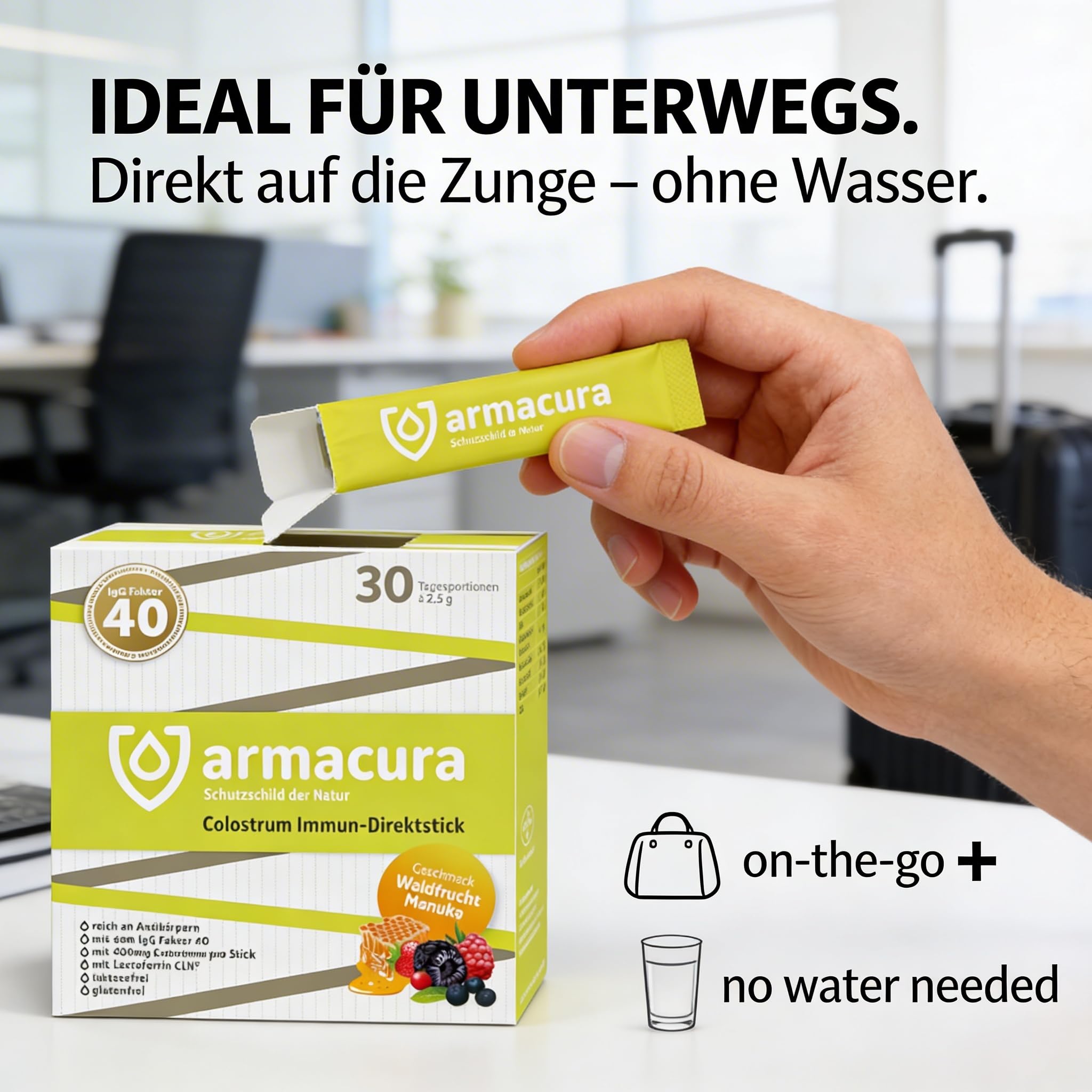 Immun Direktsticks – Mit Vitamin C, Vitamin D & Zink zur Unterstützung der normalen Funktion des Immunsystems¹ – 30 Colostrum-Pulver-Sticks mit Lactoferrin & Manukahonig – Ideal für unterwegs