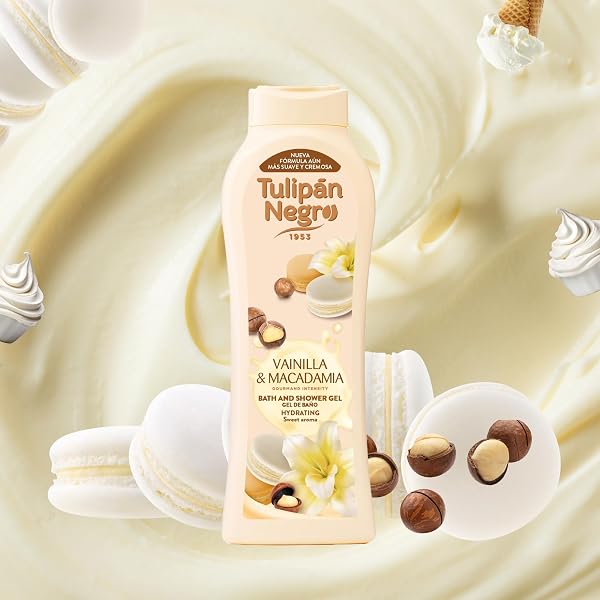 Tulipán Negro - Gel de Baño Vainilla y Macadamia, Nutritivo e Hidratante con Extracto de Vainilla y Aceite Hidrosoluble de Macadamia, Gel de Ducha con Fragancia Dulce y Cremosa, 650 ml - 2