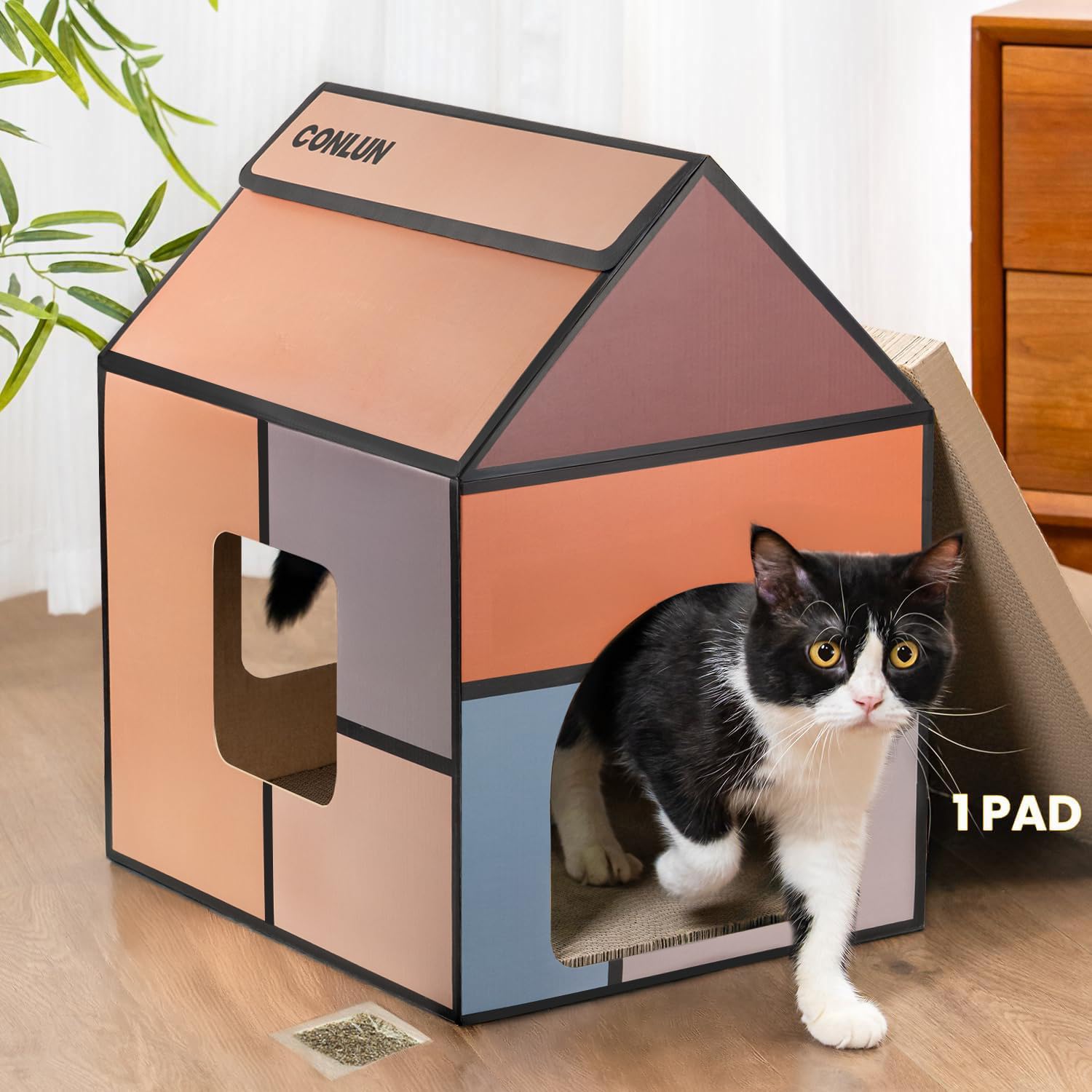 Conlun Cardboard Cat House with Scratching Board & Catnip, Cat Play Scratch House for Indoor Hideaway Furniture, Heavy Duty Sturdy Cardboard Scratcher, Easy to Assemble Birthday Gift, Large