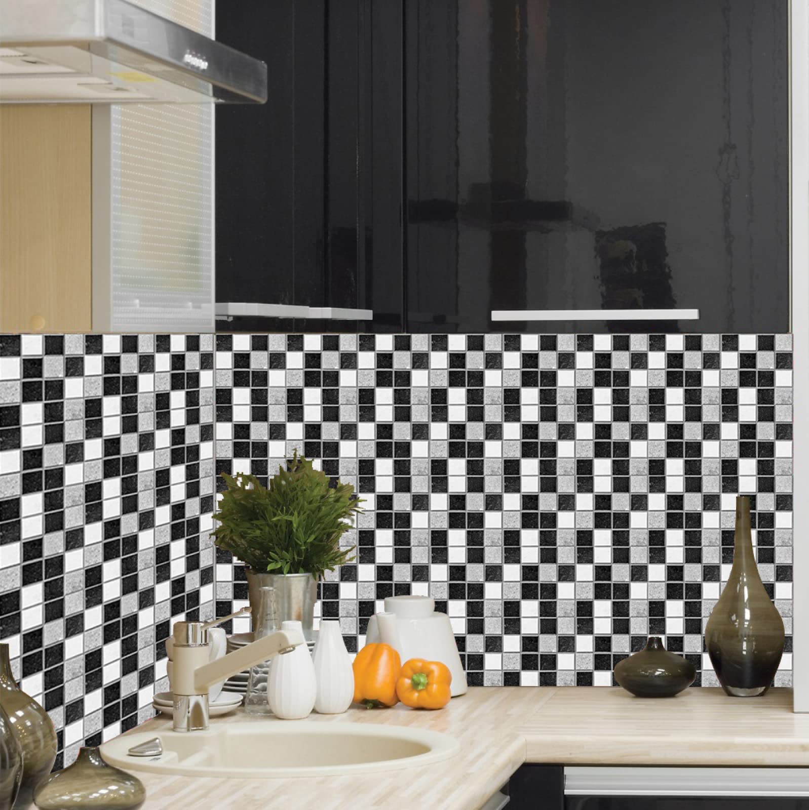 Stick on Tiles Black Gray Mosaic Tile Stickers for Bathroom Kitchen Backsplash Waterproof Tile Covers for Fireplace Surround Cabinet Furniture Stick on Kitchen Tiles 10x10 cm/10 pcs