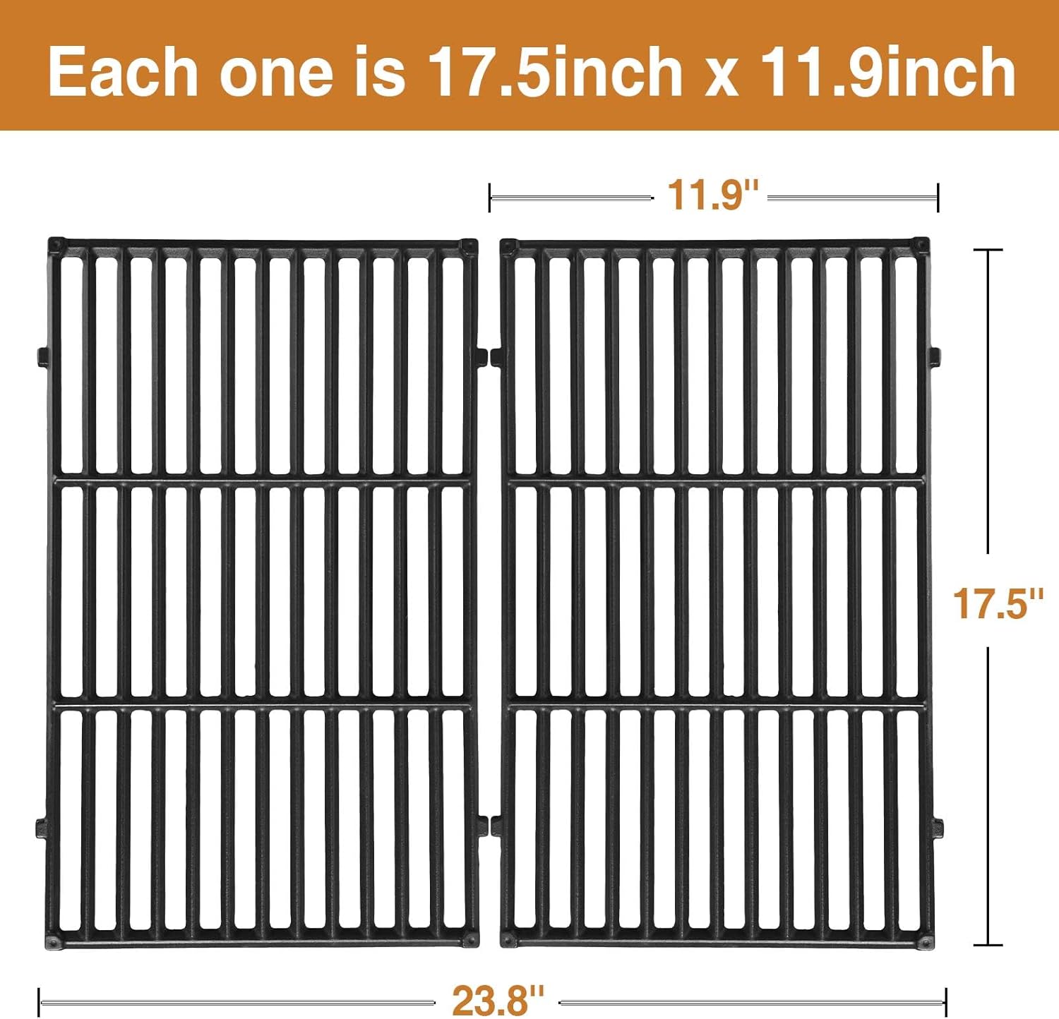 7638 Grill Grates for Weber Spirit I & II 300 Series, Spirit E/S-310 E/S-320 E/S-330, Spirit 700, Genesis Silver/Gold B & C Grill Replacement Parts, Cast Iron, 17.5 x 11.9 Inch, 2-Pack