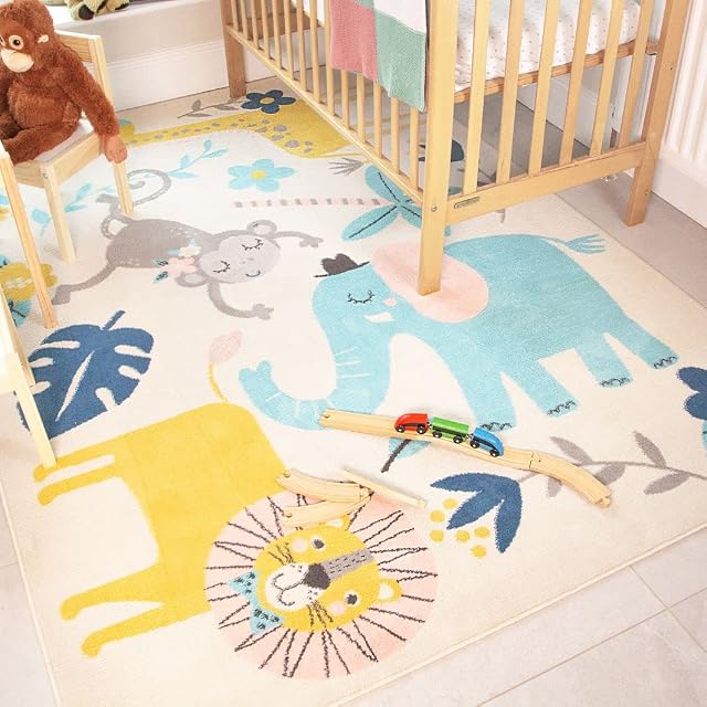 Animal Jungle Safari Childrens Bedroom Playroom Nursery Large Rug Soft Luxury Giraffe Elephant Monkey Lion Boys Girls Baby Multi-coloured Big Rugs 160cm x 220cm
