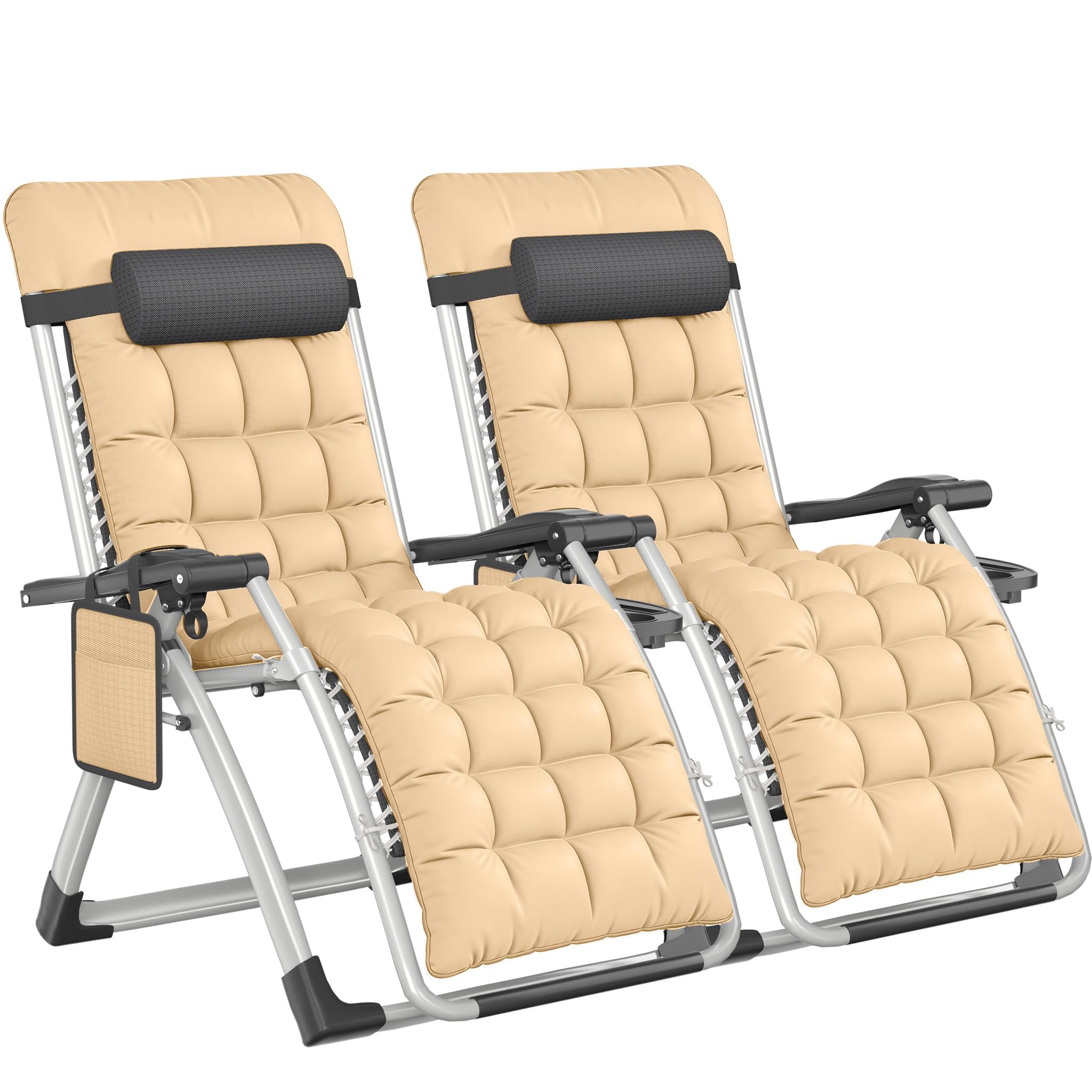 YEATHOR 2 Pack Sun Loungers for Garden Heavy Duty Zero Gravity Chairs Padded Folding Deck Recliner 90-170° with Pillow, Cup Holder & Side Pocket Textilene Steel Frame 150kg Capacity, Beige