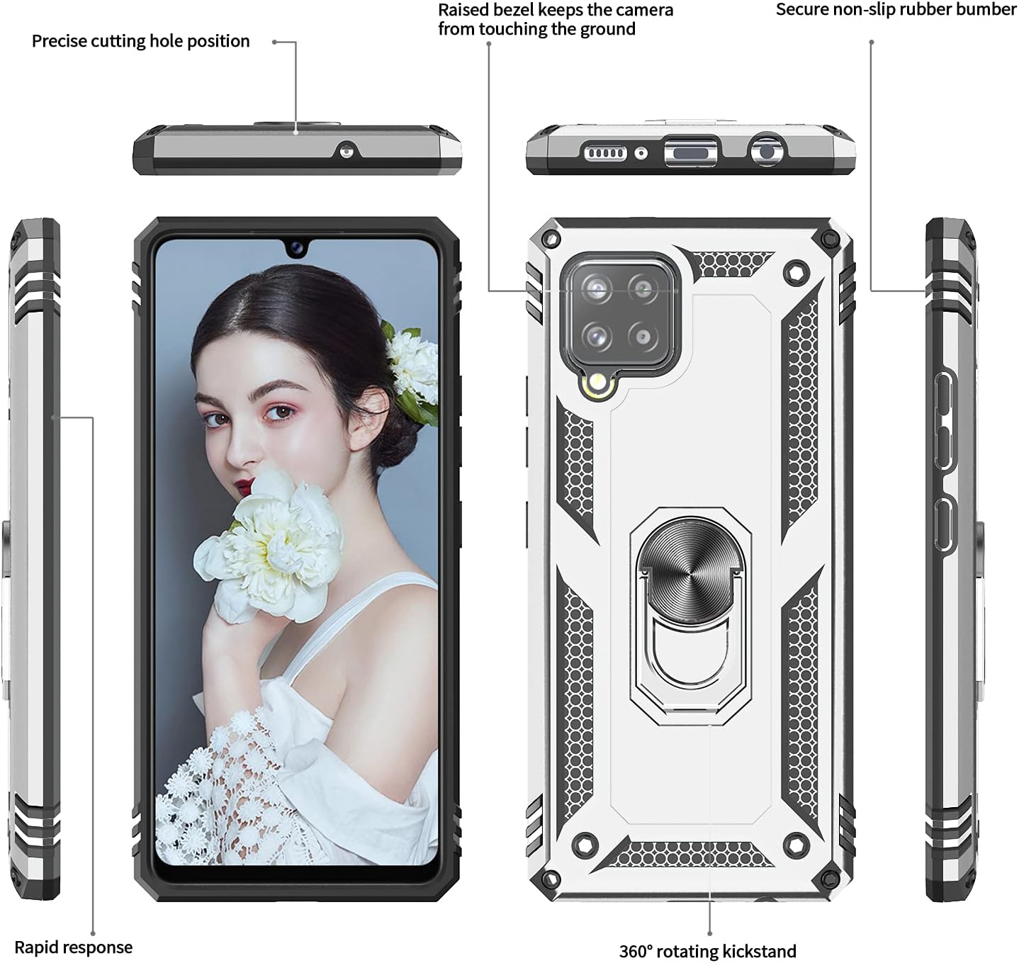 LeYi Compatible for Galaxy A42 5G Case, Samsung A42 5G Phone Case with [2 Pack] Tempered Glass Screen Protector, [Military Grade] Ring Kickstand Protective Case for Samsung Galaxy A42, Sliver