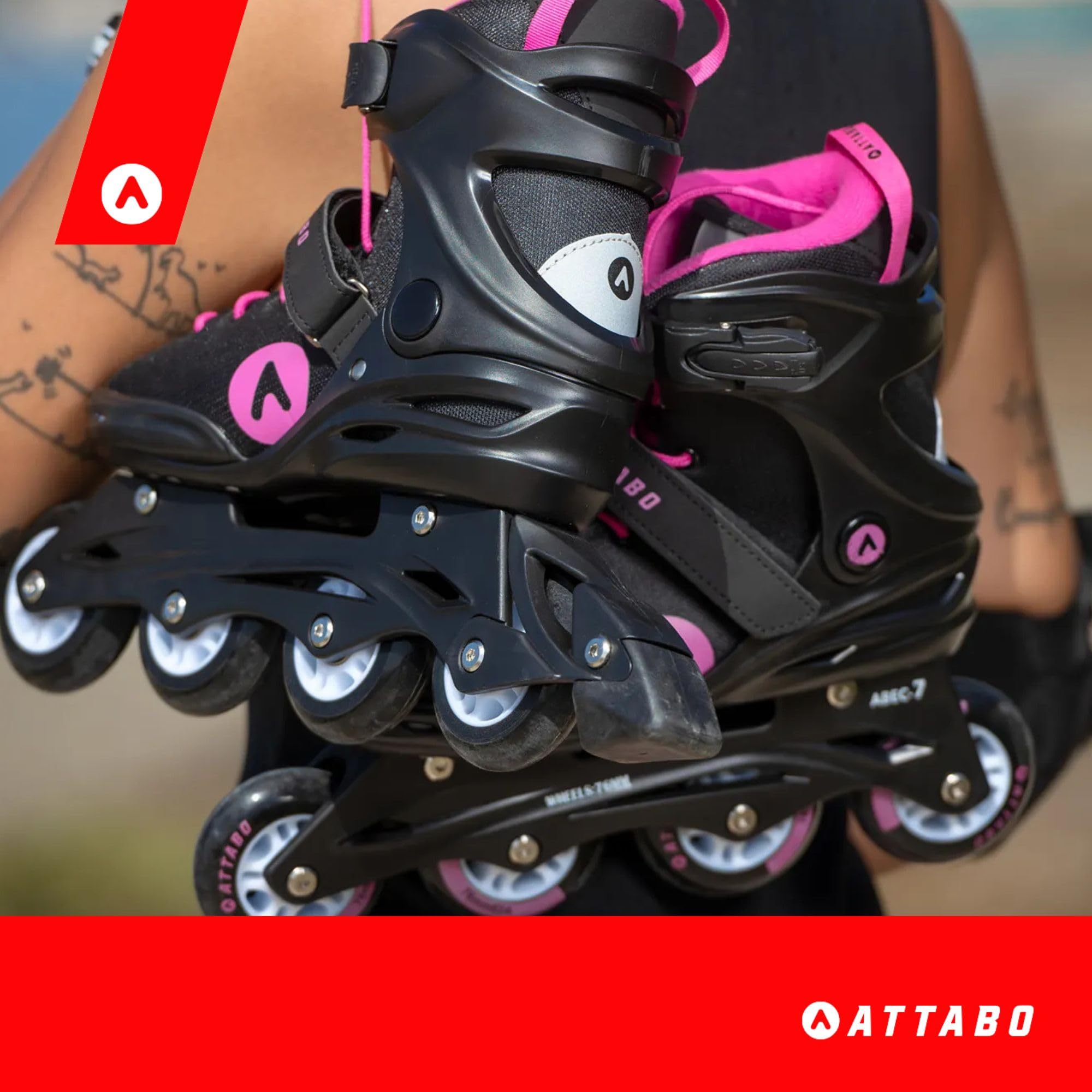 ATTABO Cyclone Fitness Rollers pour Femme Taille 36-42 EU ABEC-7 Roues PU 82A Coque TPR Semi-Dure Frein Confort Stabilité Triple Ajustement Matériaux durables Couleur Noir/Rose